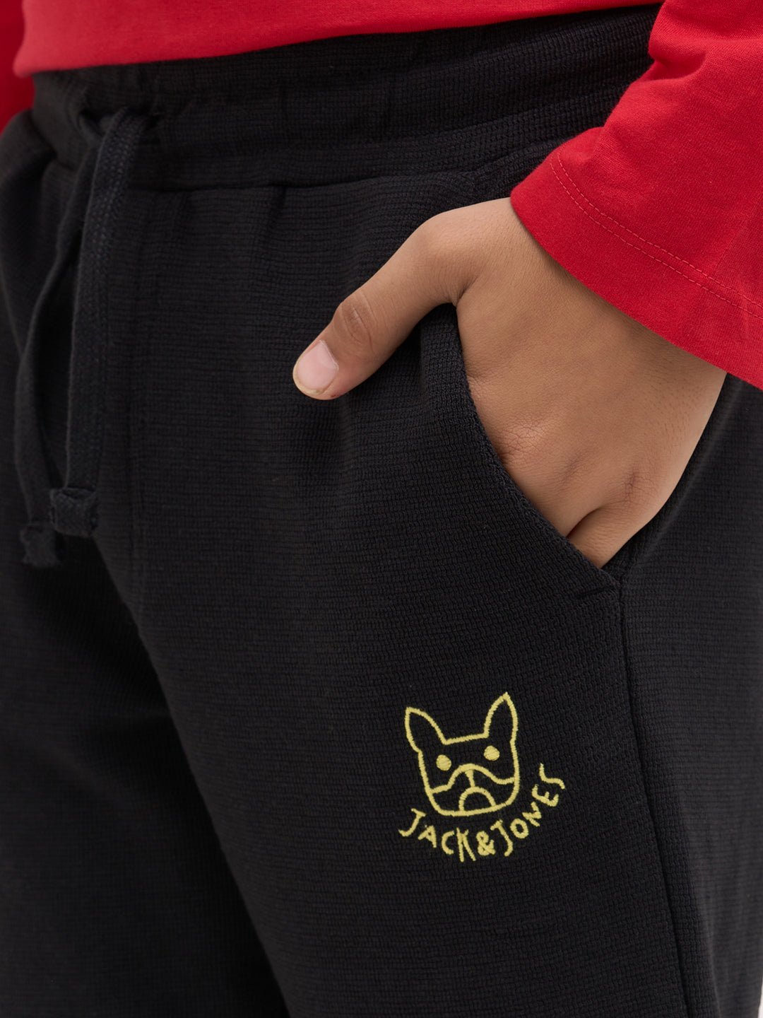 Boys Black Textured Knit Joggers With Drawstring Waist