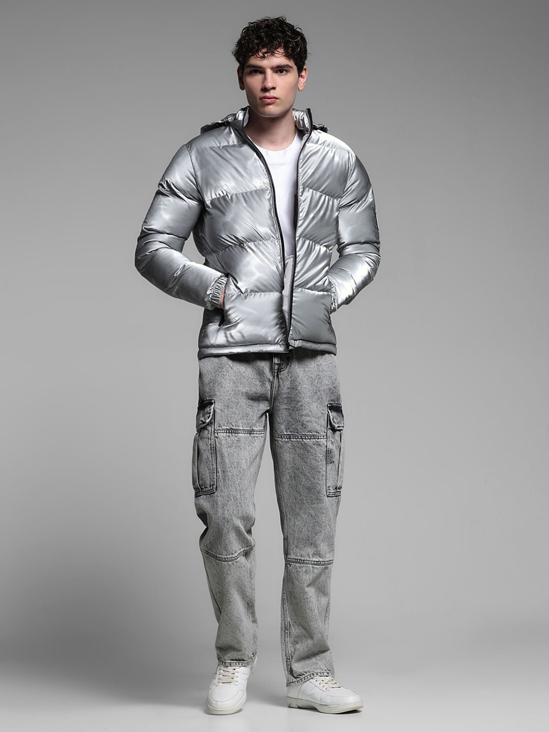 GREY FOIL PRINT PUFFER JACKET