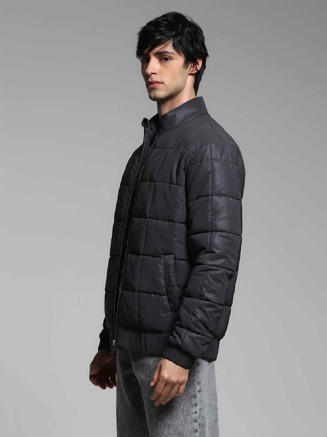 Men's Black Quilted Puffer Jacket With High Neck