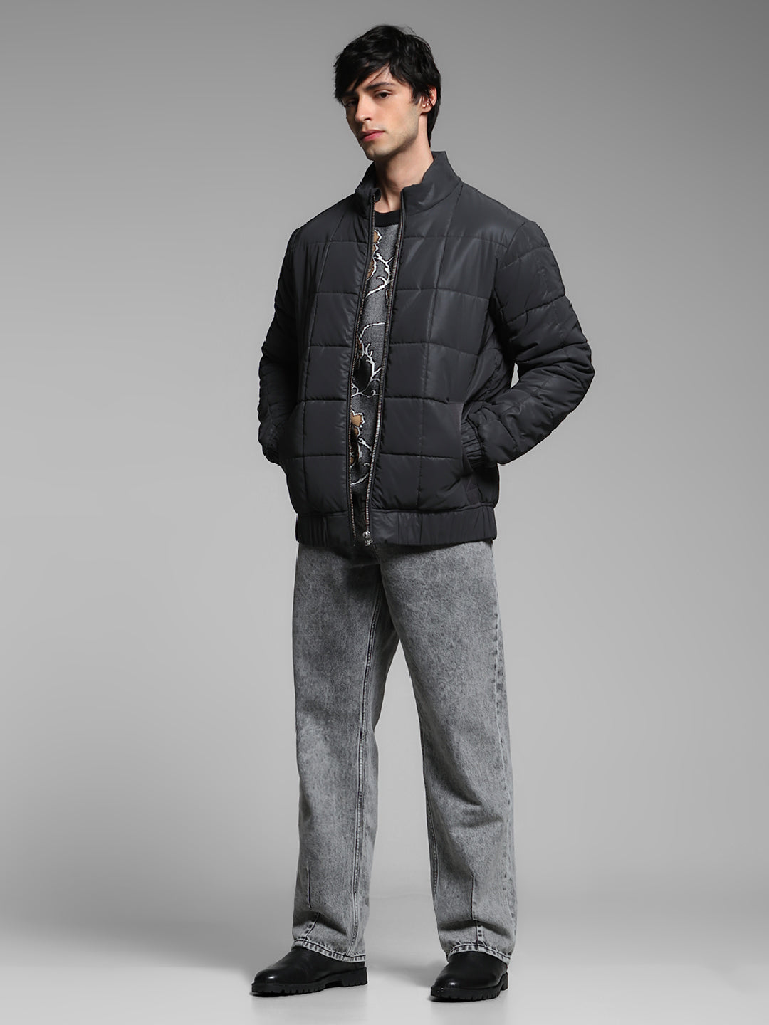 Men's Black Quilted Puffer Jacket With High Neck