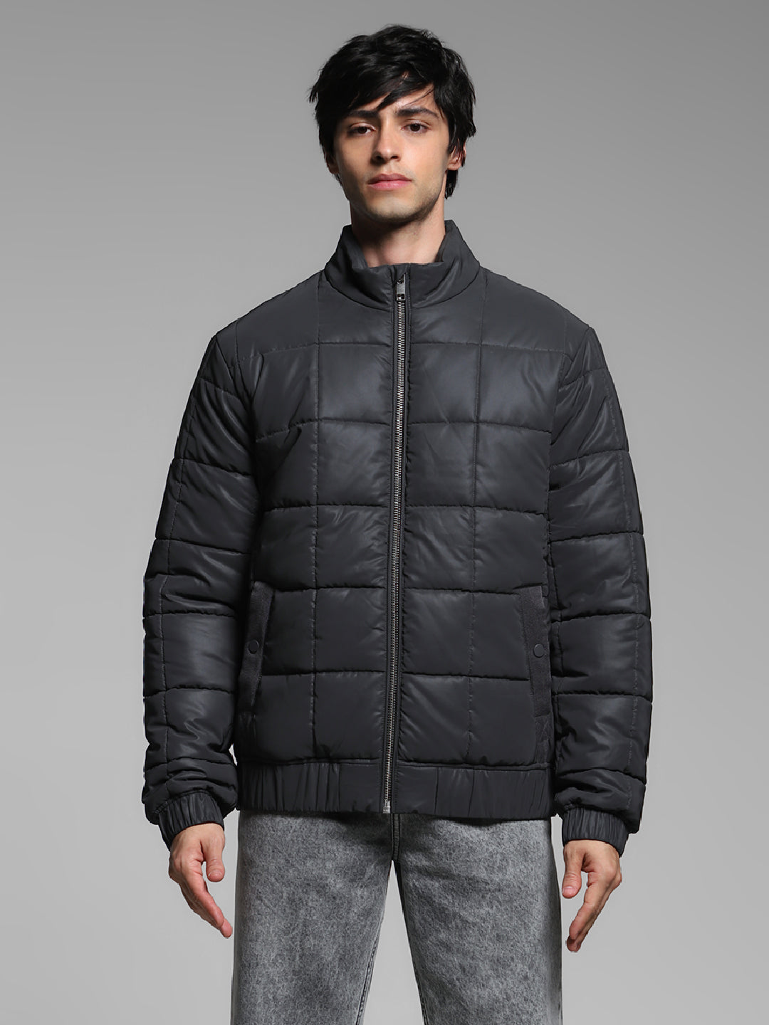 Men's Black Quilted Puffer Jacket With High Neck