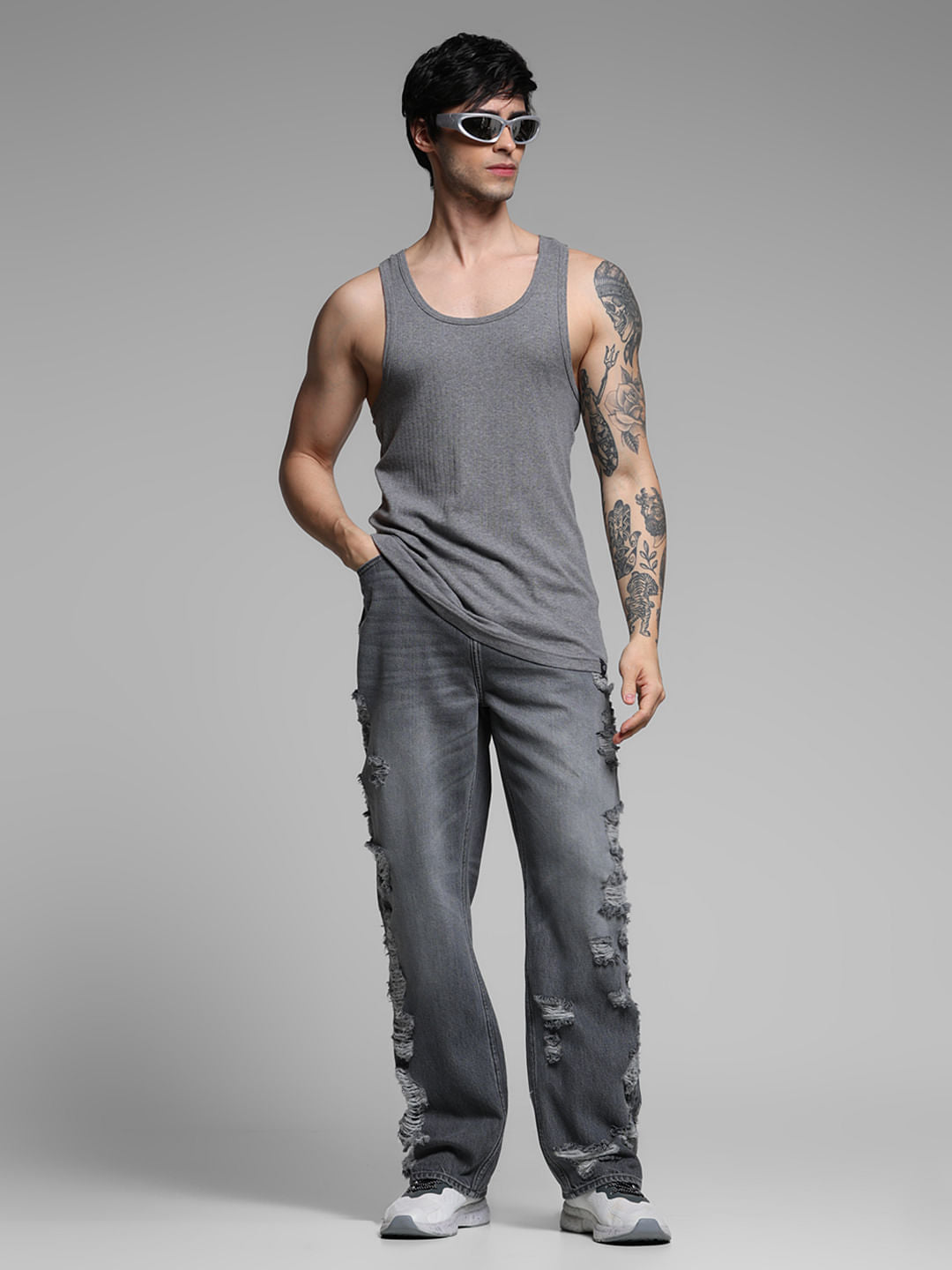 Grey Distressed Dario Loose Fit Jeans