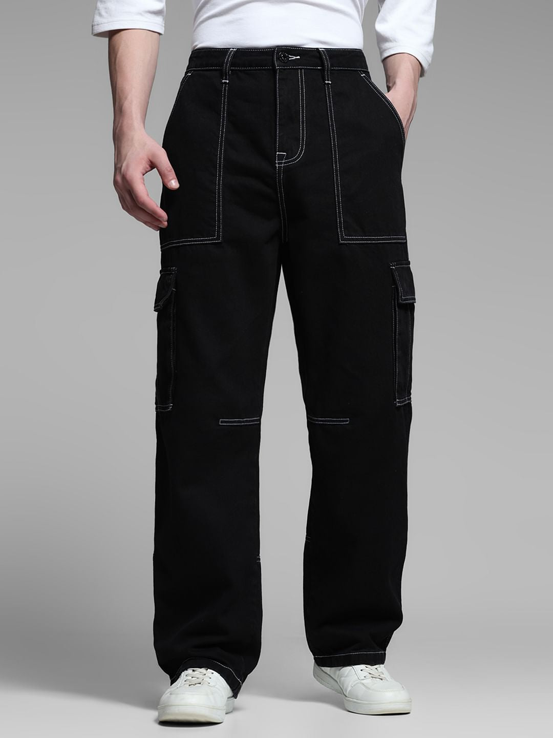 Black Contrast Stitch Anti Fit Jeans - Main Image
