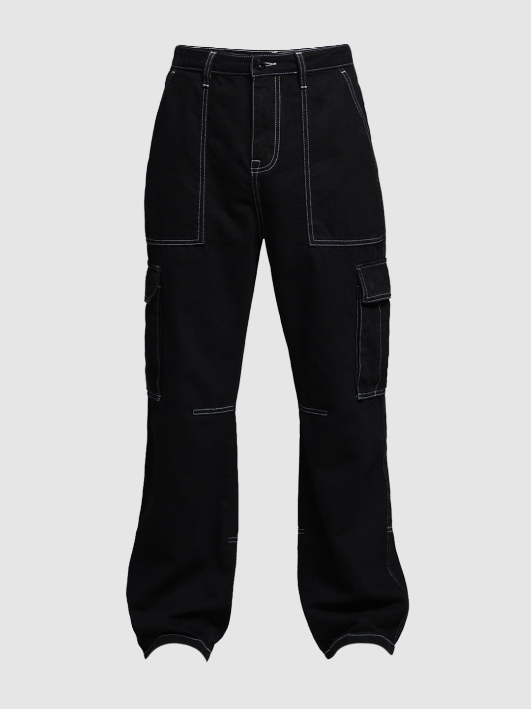 Men's Black Cotton Loose Fit Cargo Jeans With Contrast Stitching