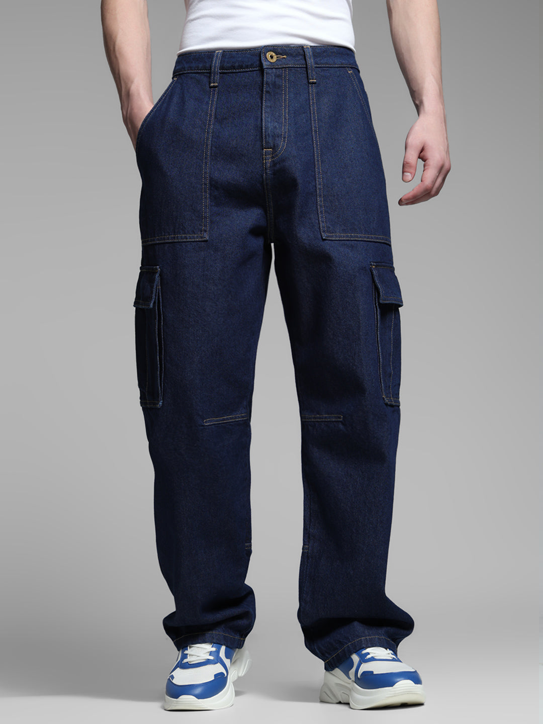 Men's Dark Blue Cargo Jeans In 100% Cotton, Loose Fit