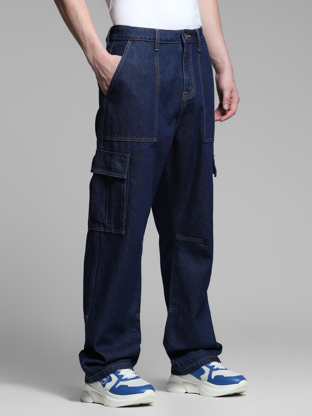 Men's Dark Blue Cargo Jeans In 100% Cotton, Loose Fit