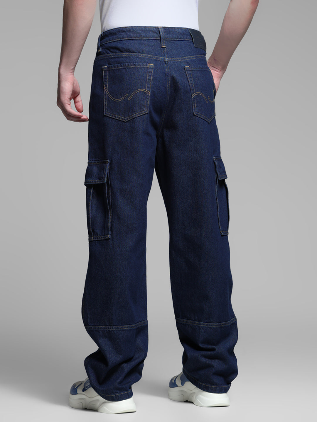 Men's Dark Blue Cargo Jeans In 100% Cotton, Loose Fit