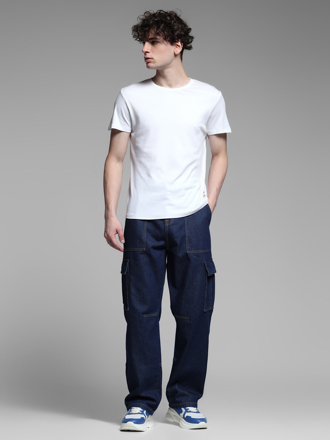 Men's Dark Blue Cargo Jeans In 100% Cotton, Loose Fit