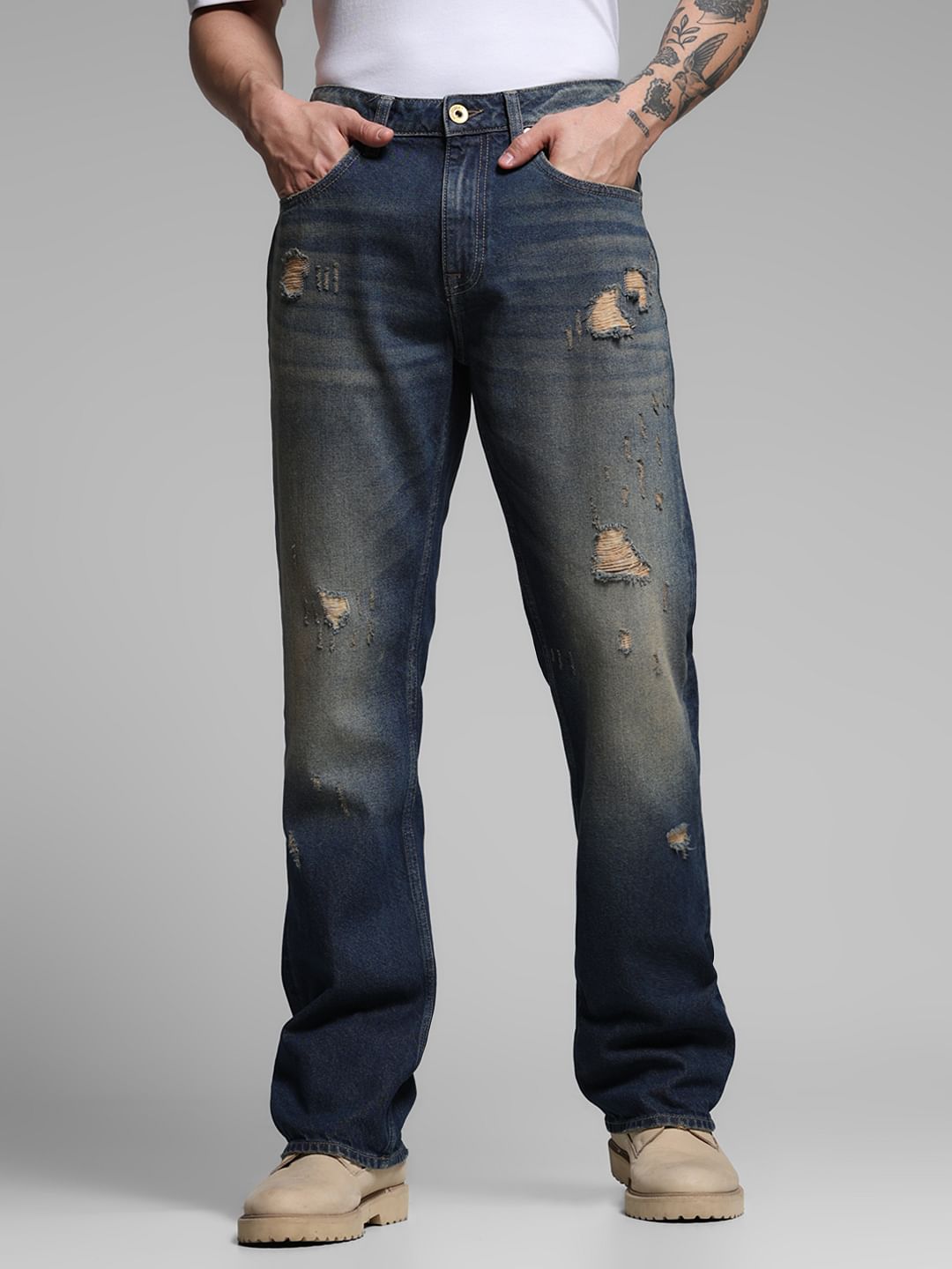 Dark Blue Distressed Bootcut Jeans