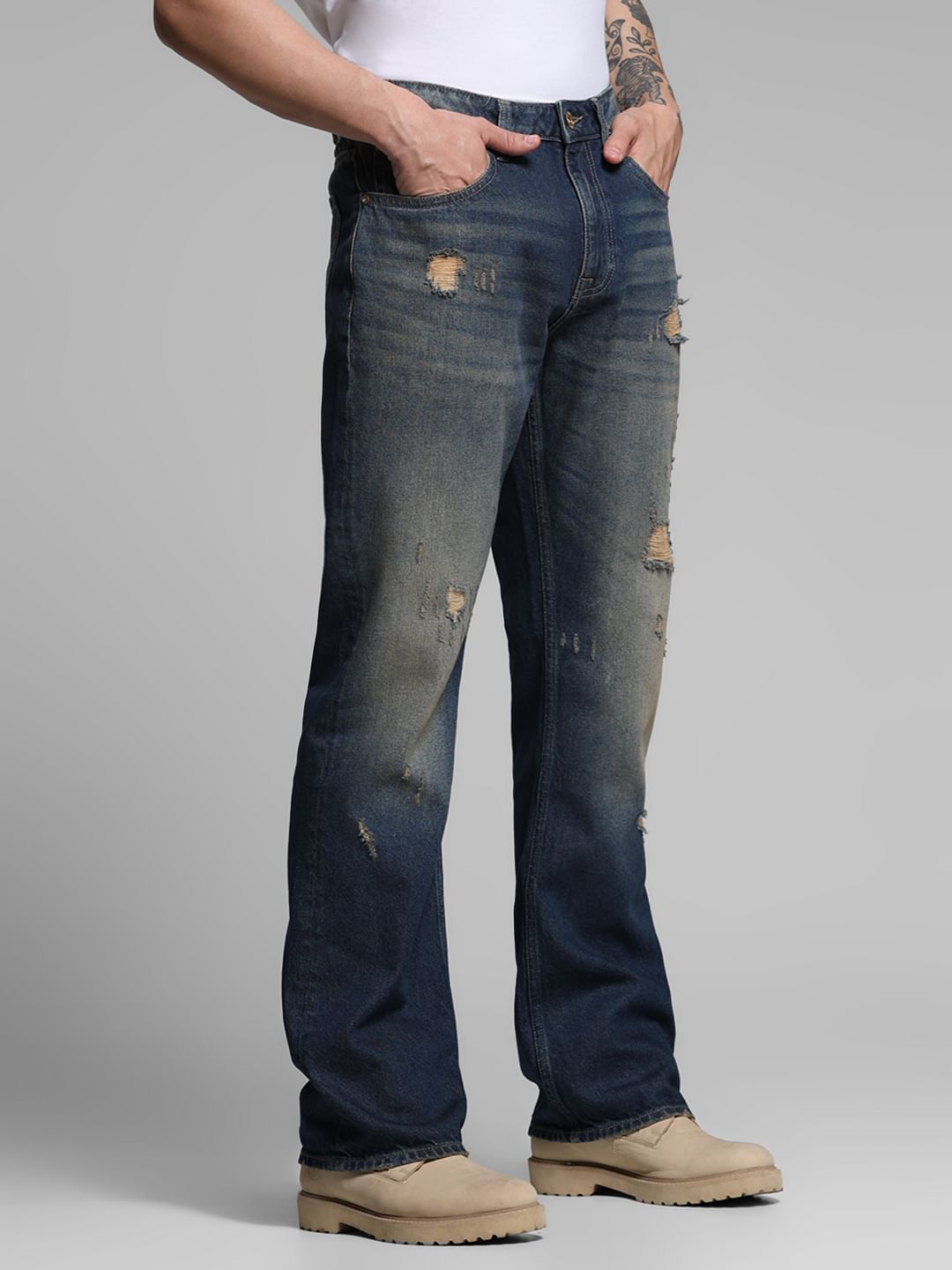 Dark Blue Distressed Bootcut Jeans