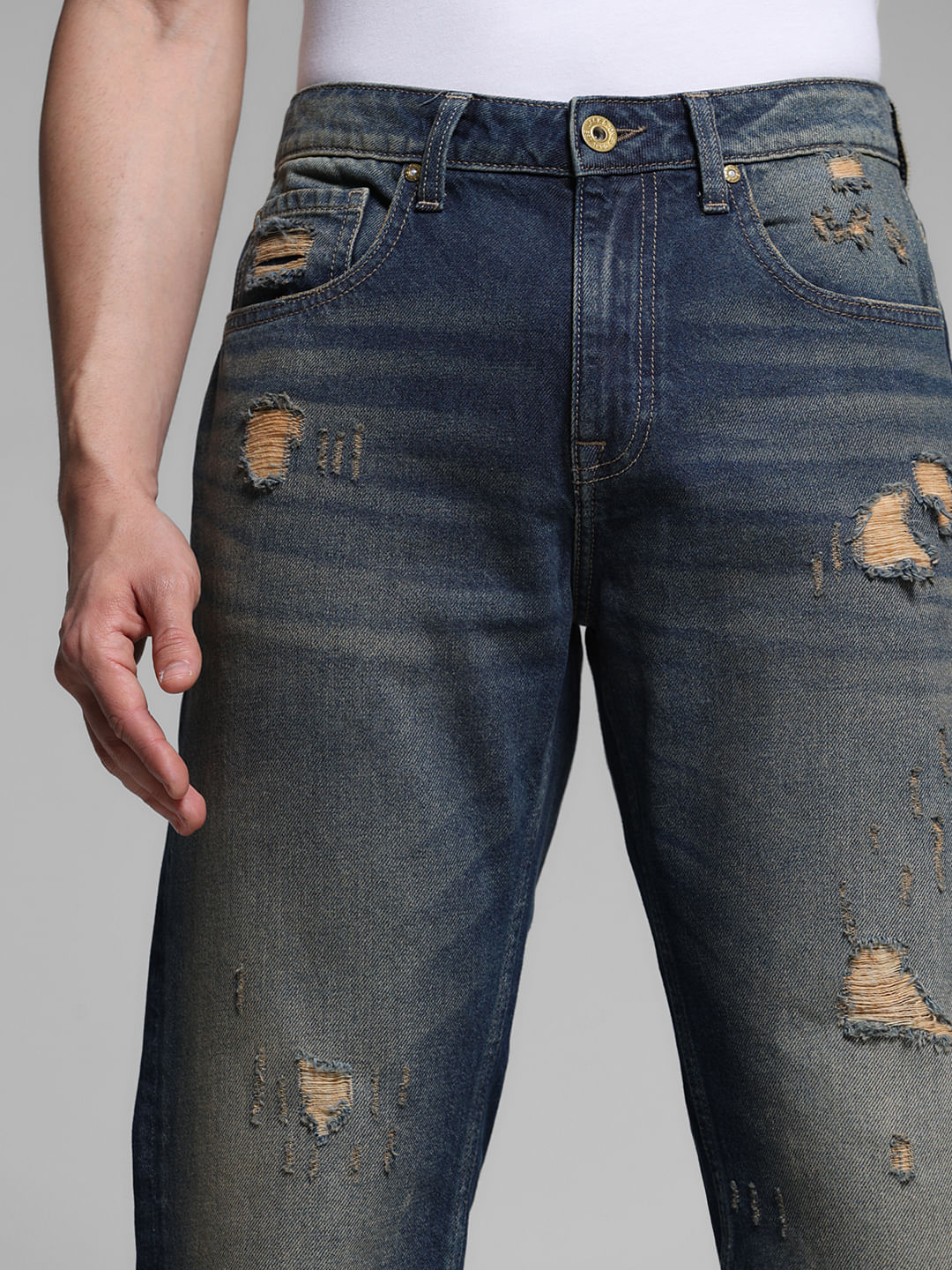 Dark Blue Distressed Bootcut Jeans