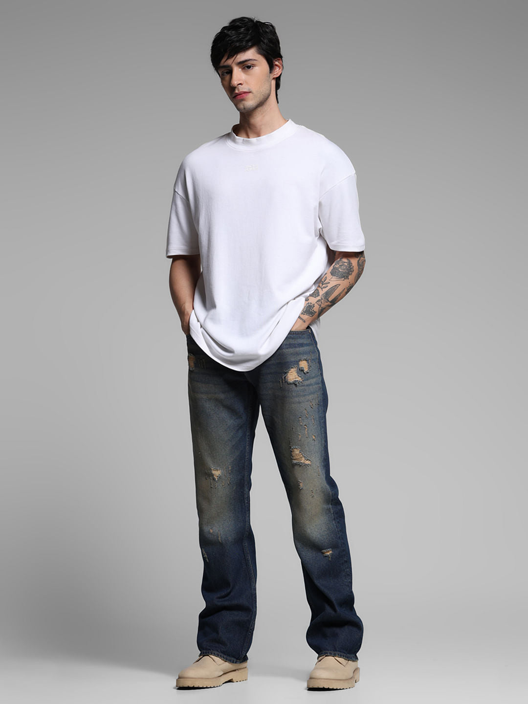 Dark Blue Distressed Bootcut Jeans