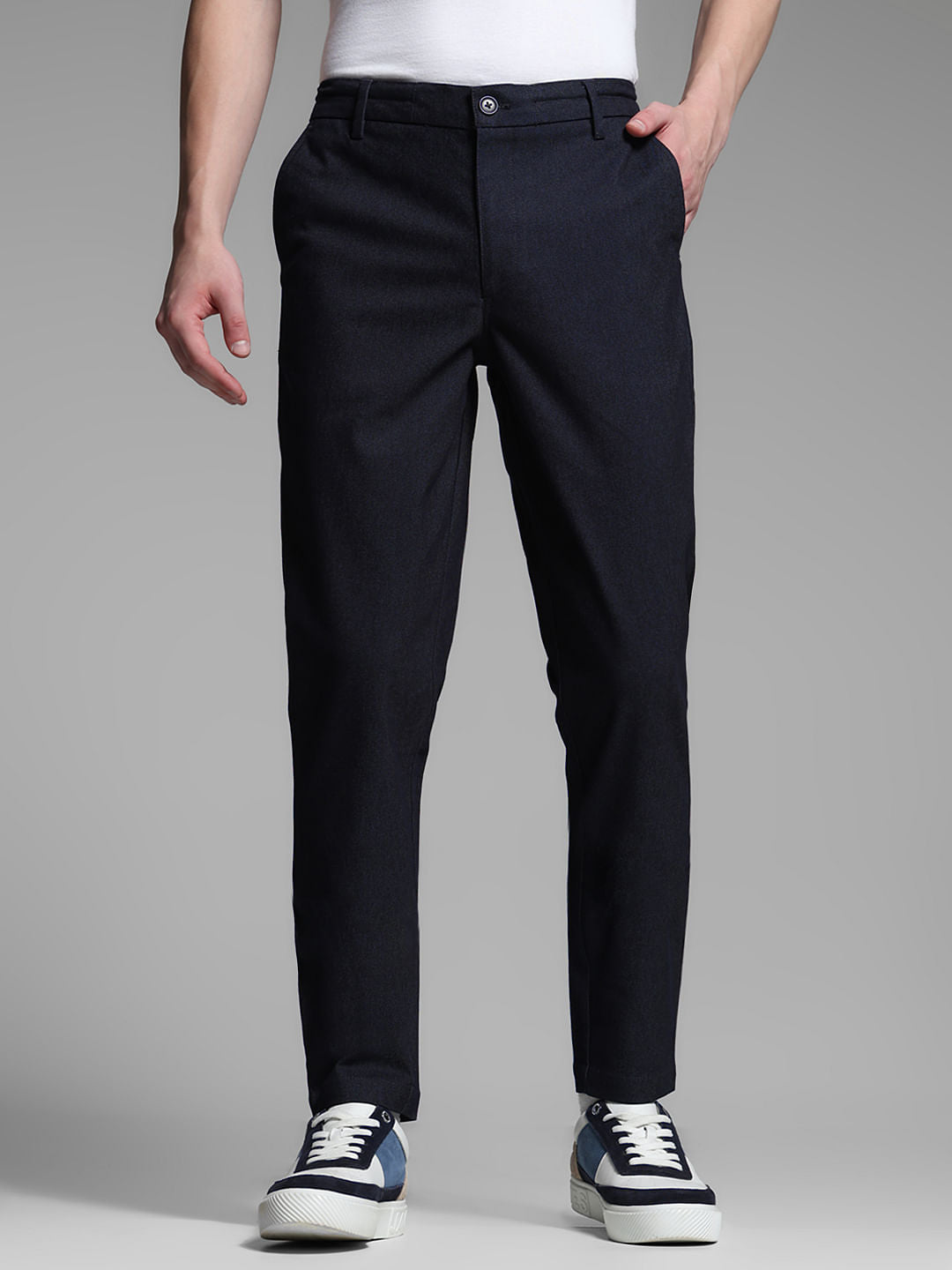 Navy Blue Mid Rise Anti Fit Pants