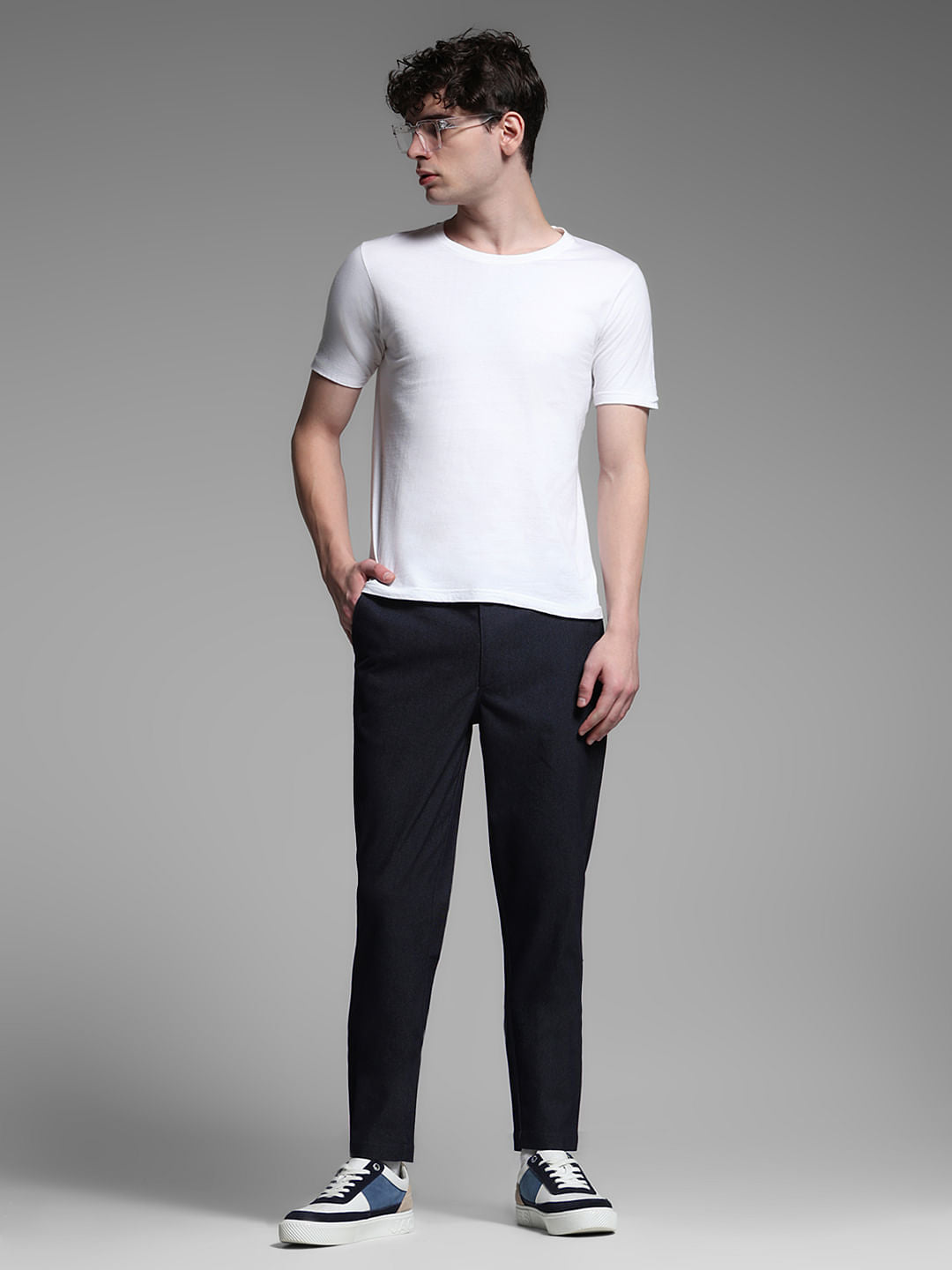 Navy Blue Mid Rise Anti Fit Pants