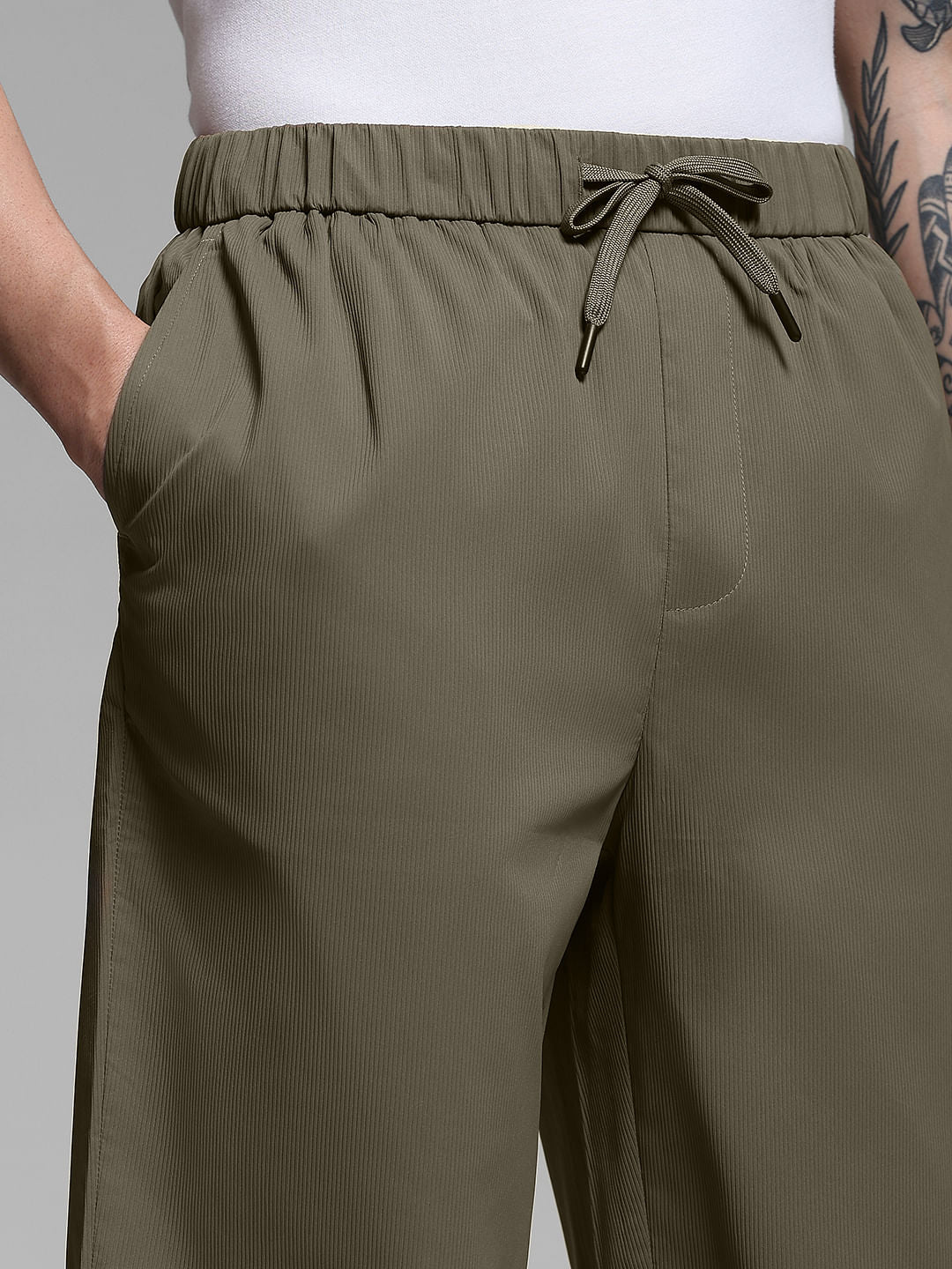 Warm Brown Ribbed Loose Fit Pants