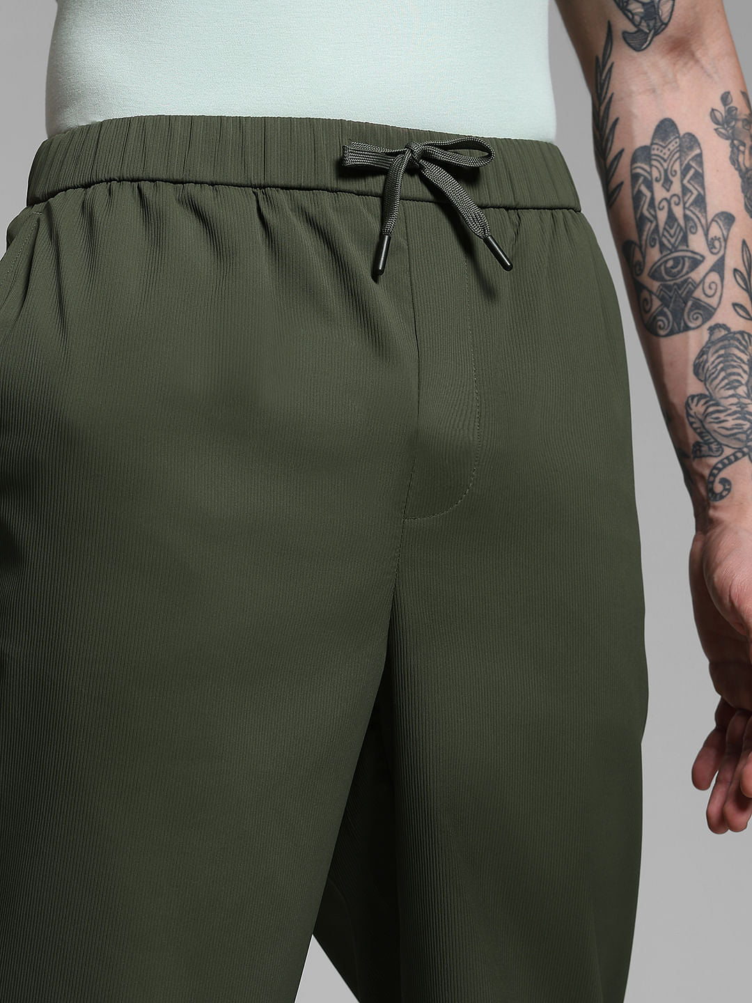 Dark Green Ribbed Loose Fit Pants