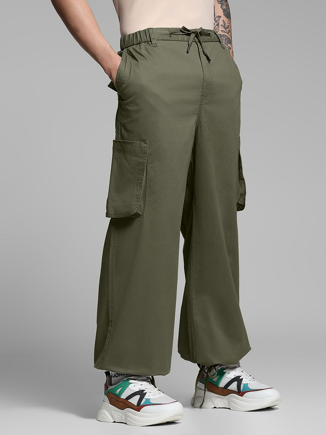 Olive Green Cotton Loose Fit Cargos