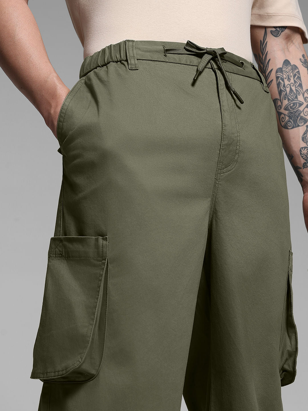 Olive Green Cotton Loose Fit Cargos