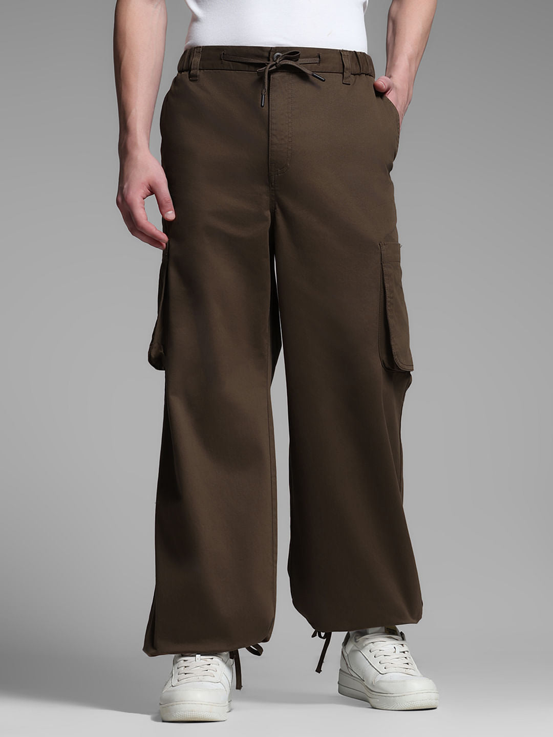 Dark Brown Mid Rise Loose Fit Cargos