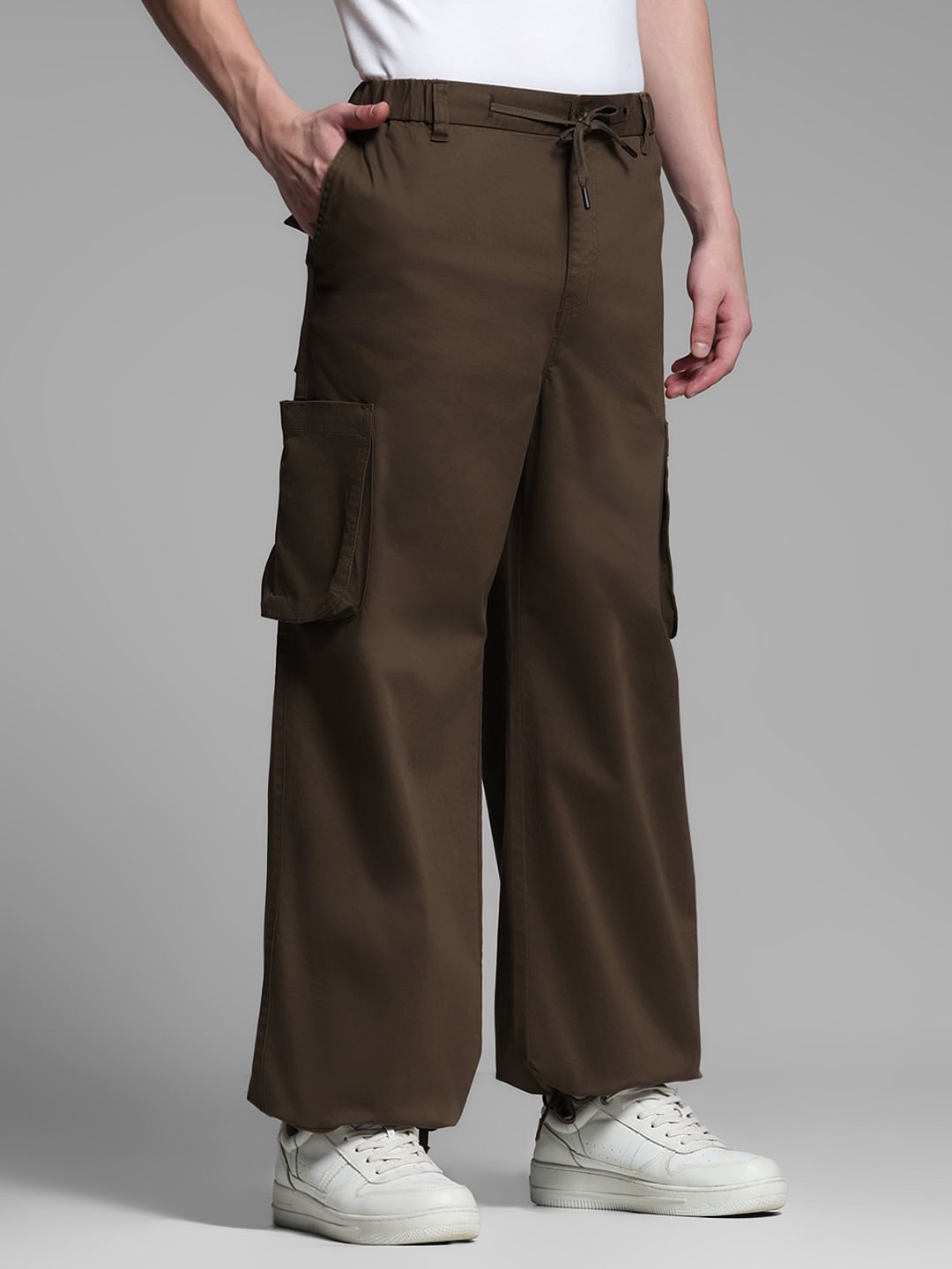 Dark Brown Mid Rise Loose Fit Cargos