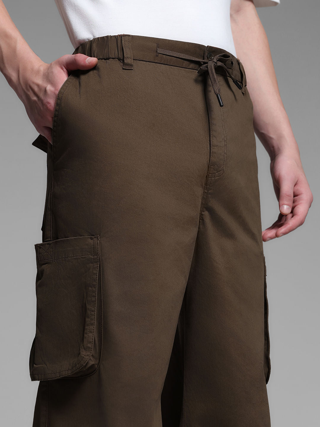 Dark Brown Mid Rise Loose Fit Cargos