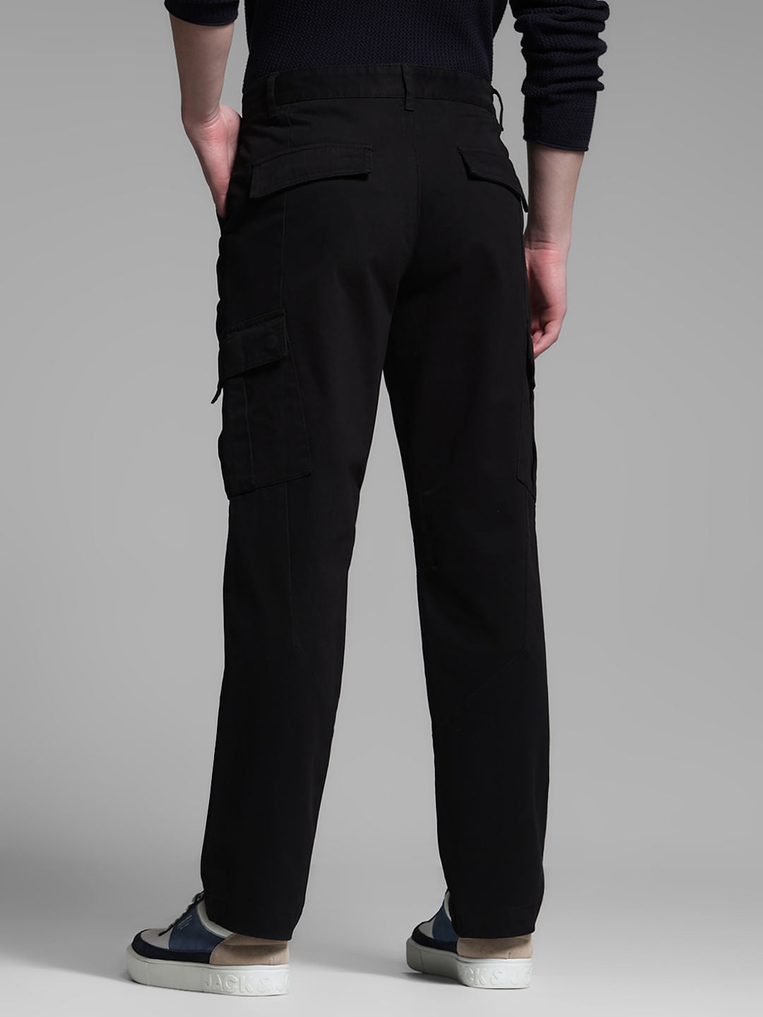 Black Mid Rise Regular Fit Cargos