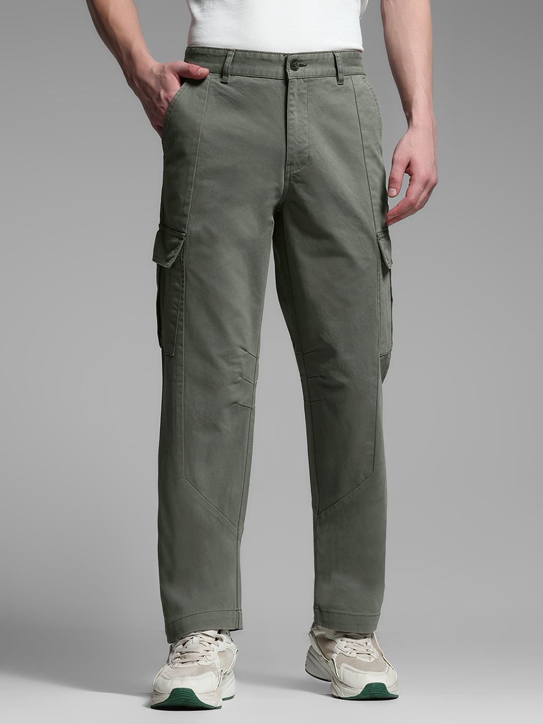 Sage Green Mid Rise Regular Fit Cargos