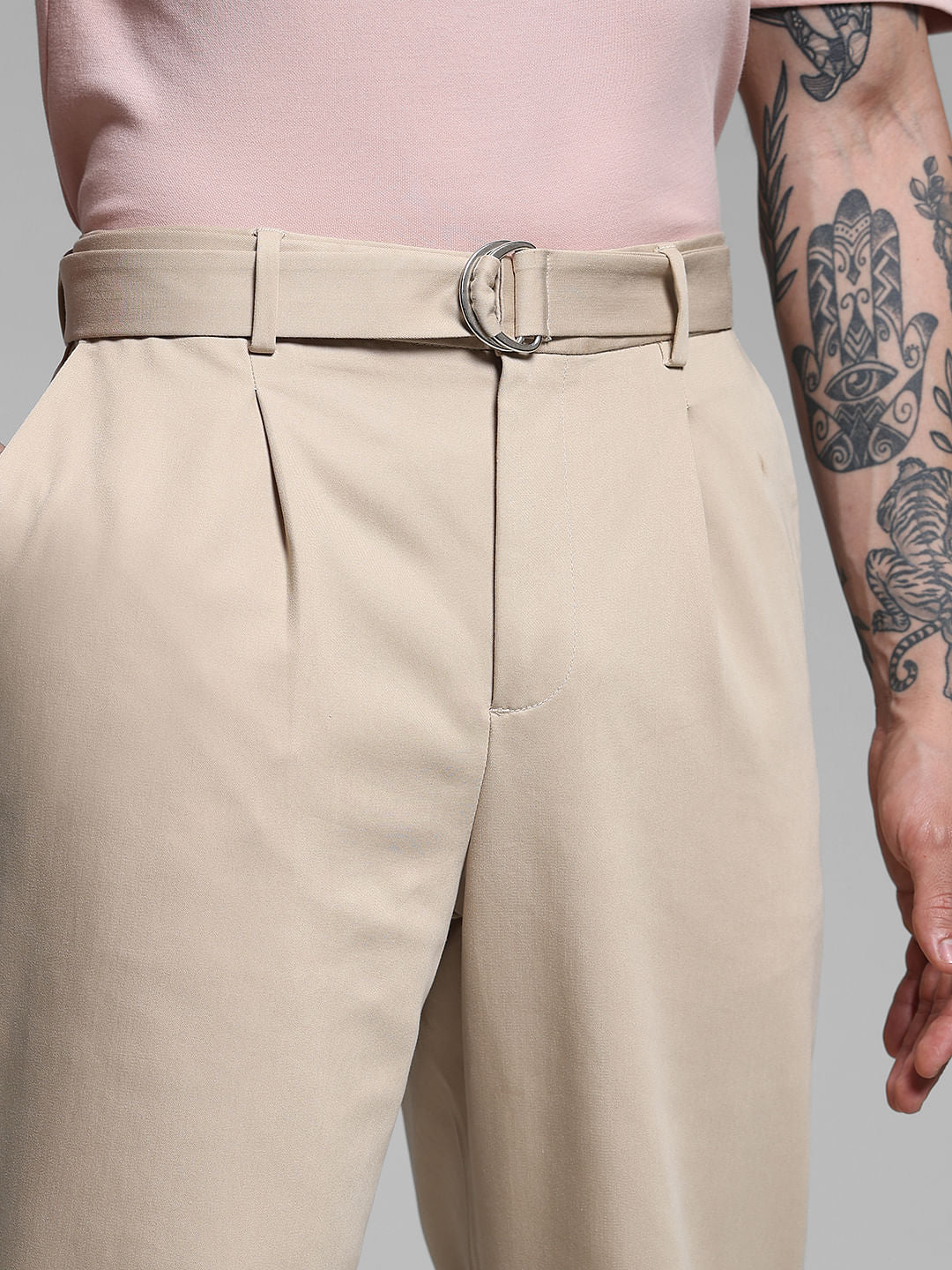 Beige Rayon Loose Fit Pants