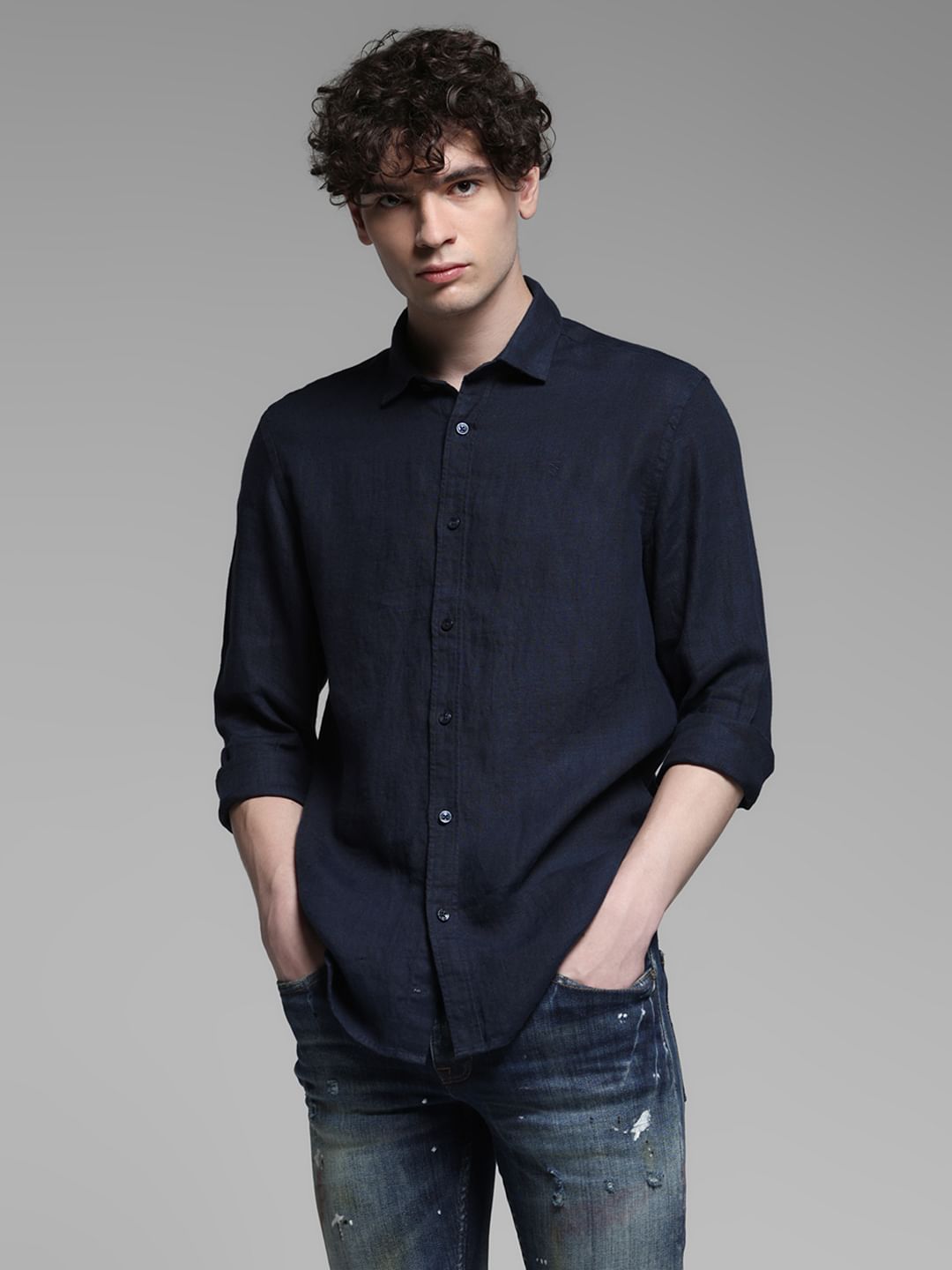 Linen Full Sleeves Shirt - Navy Blue