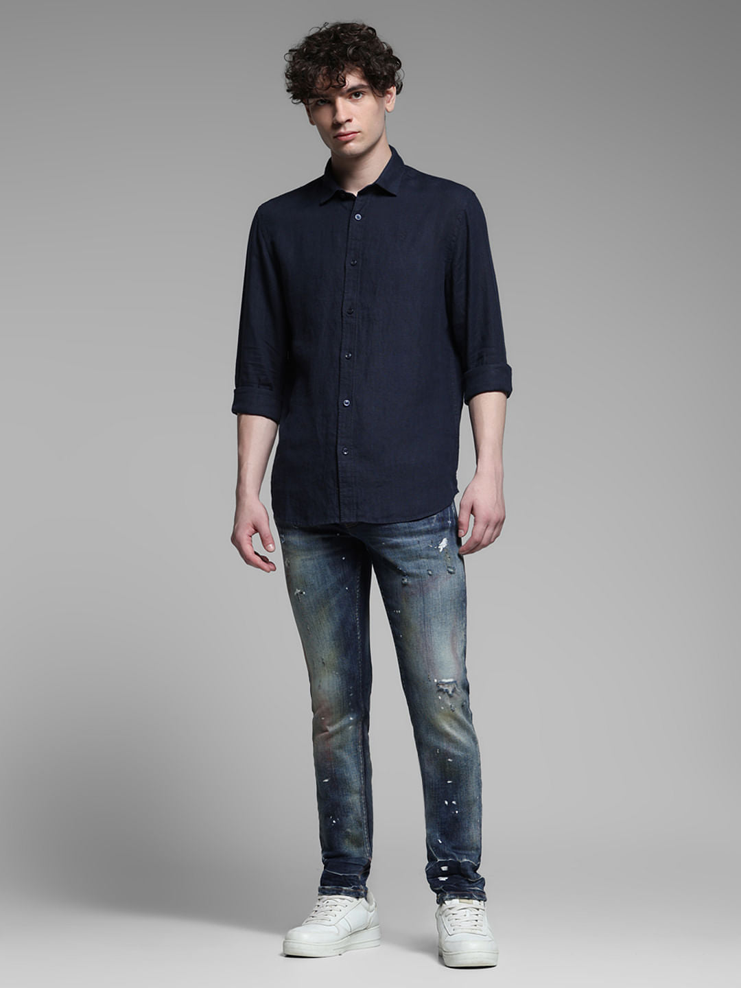 Linen Full Sleeves Shirt - Navy Blue