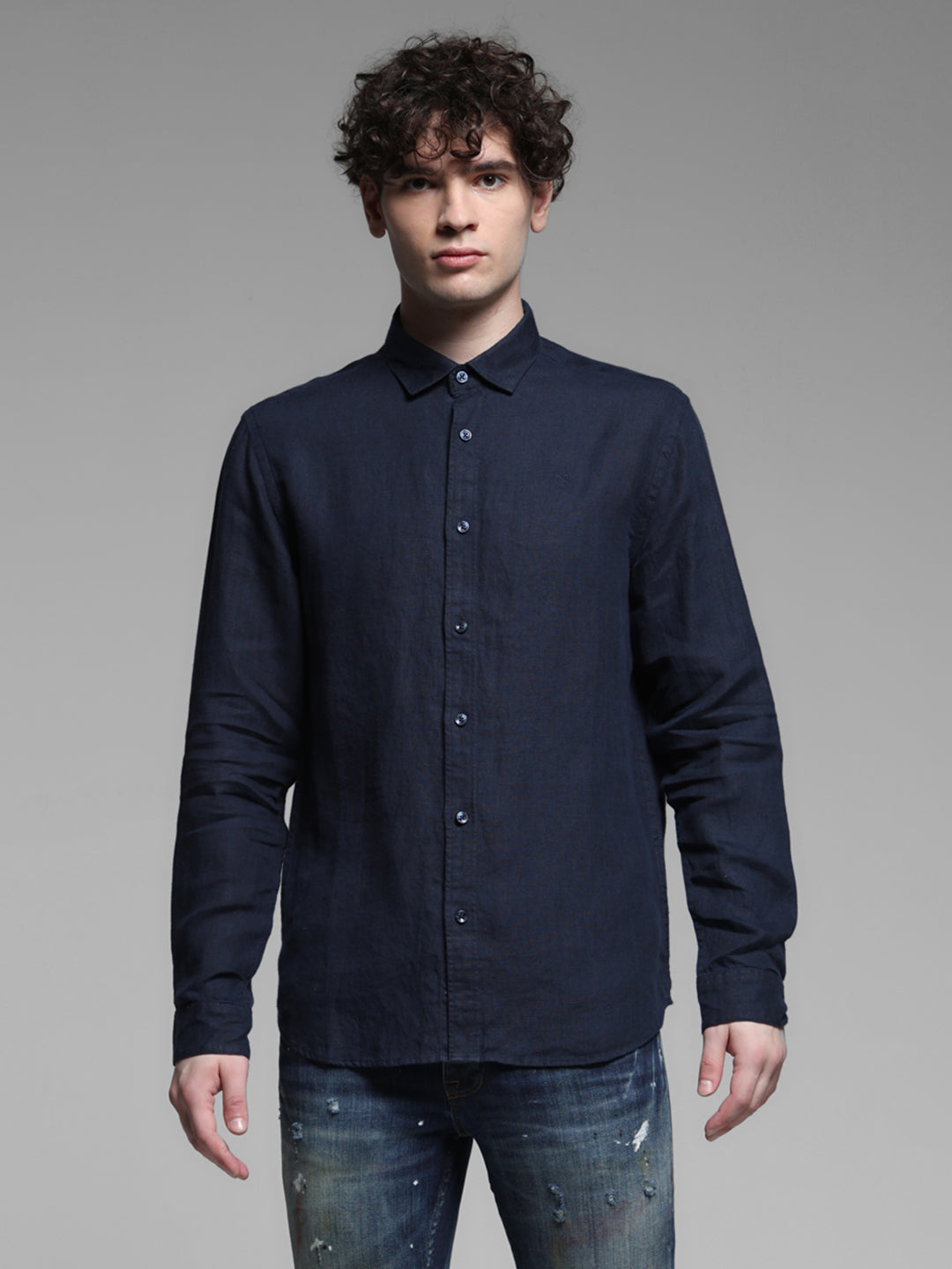 Linen Full Sleeves Shirt - Navy Blue
