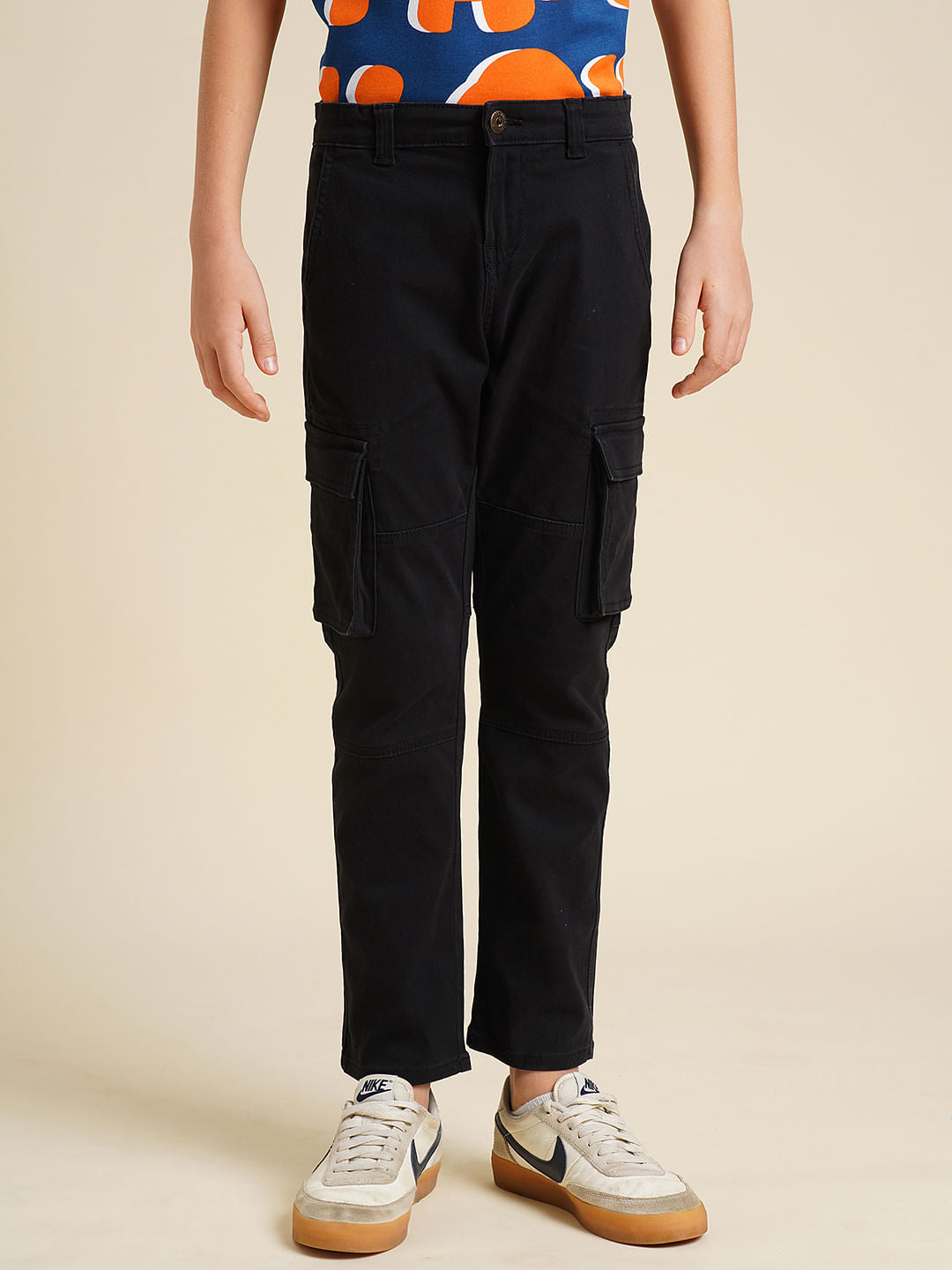 Boys Black Mid Rise Cargo Pants