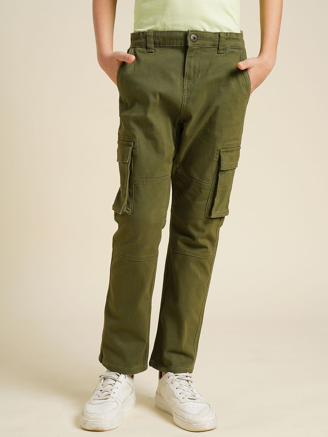 Boys Olive Mid Rise Cargo Pants