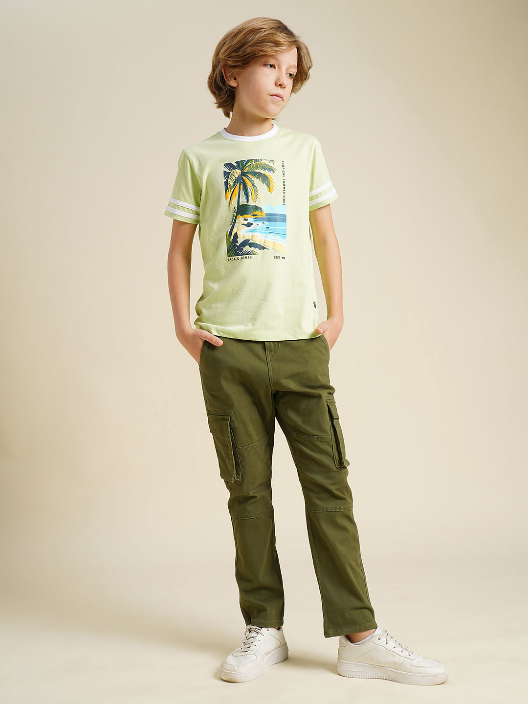 Boys Olive Mid Rise Cargo Pants