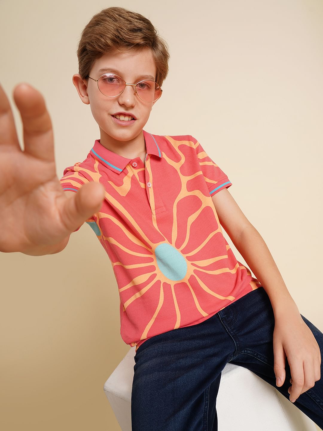 Boys Pink Printed Cotton Polo