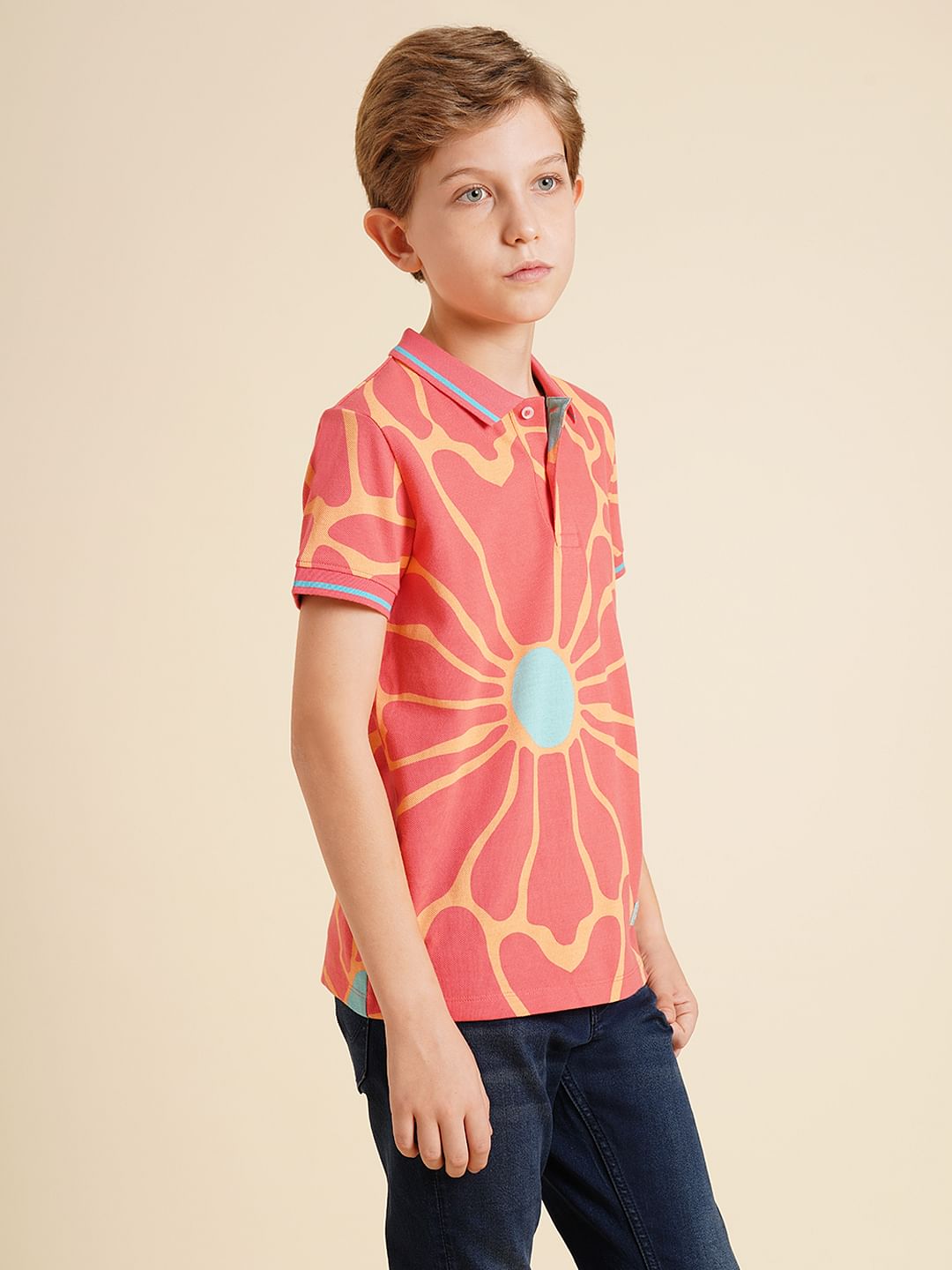 Boys Pink Printed Cotton Polo
