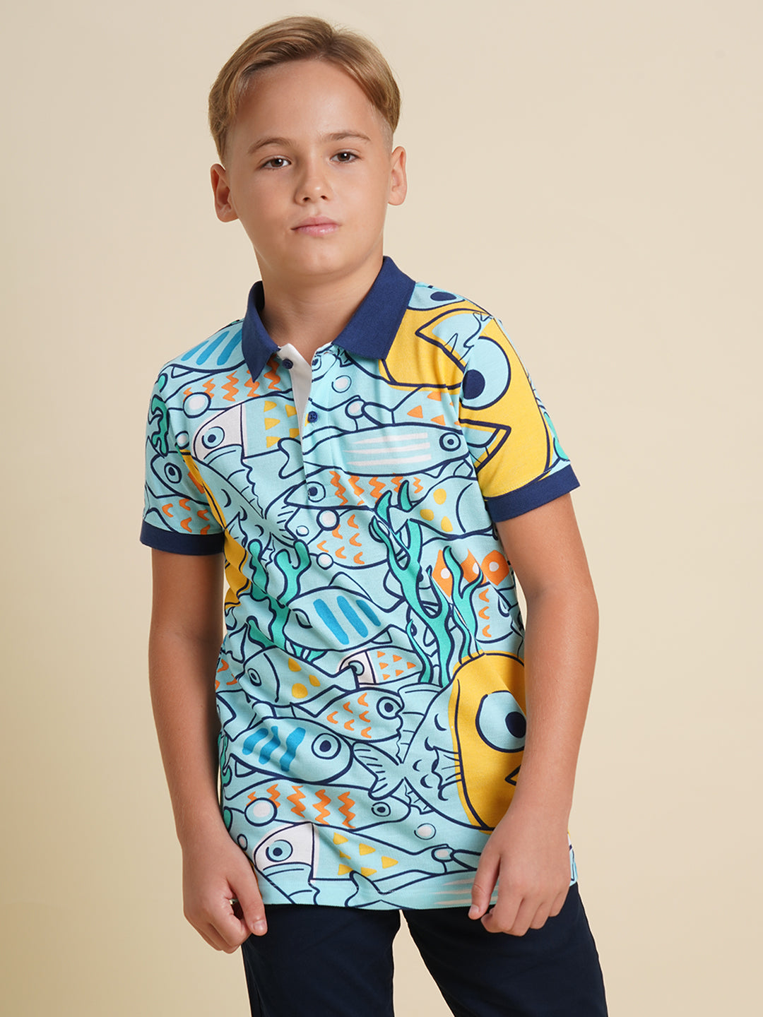 Boys Blue Fish Printed Polo