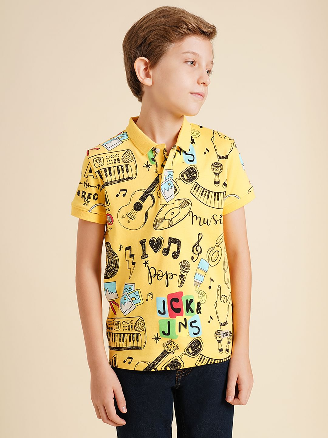 Boys Yellow Printed Cotton Polo