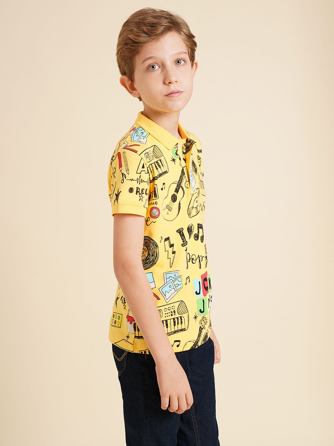 Boys Yellow Printed Cotton Polo