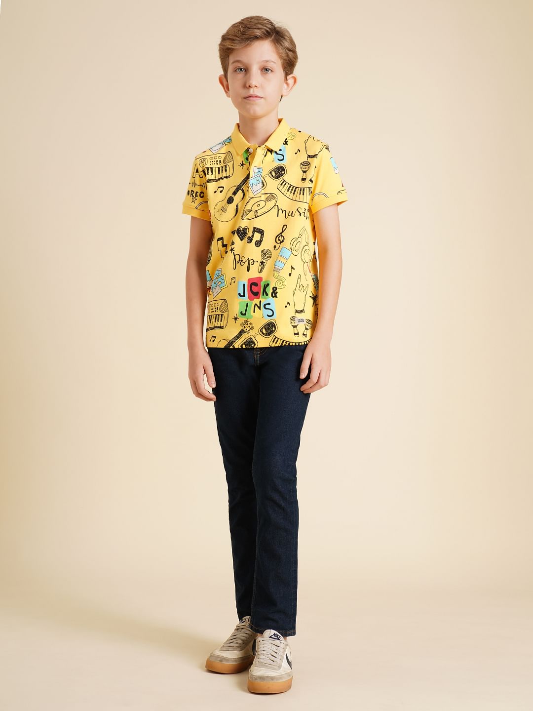 Boys Yellow Printed Cotton Polo