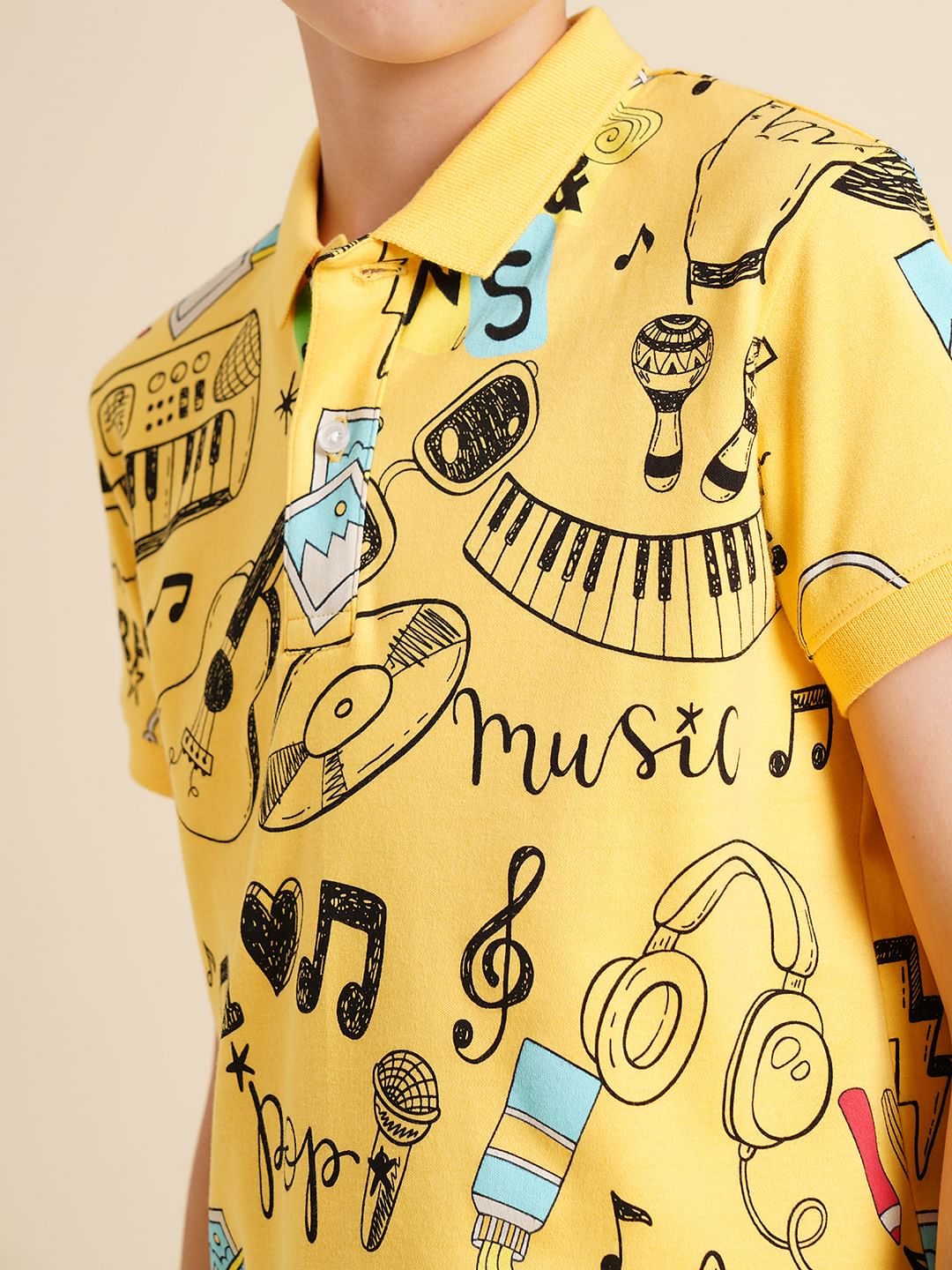 Boys Yellow Printed Cotton Polo
