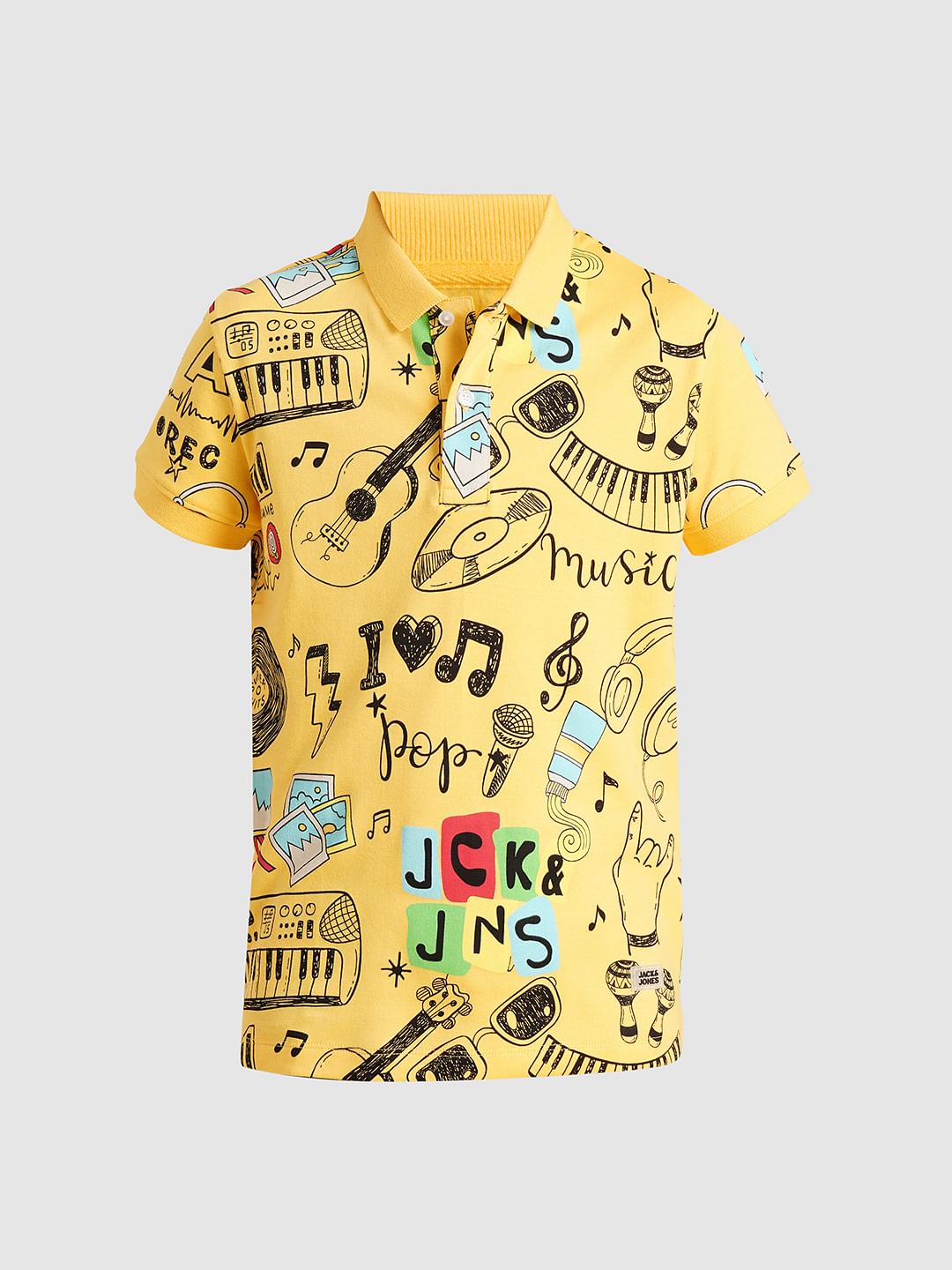 Boys Yellow Printed Cotton Polo
