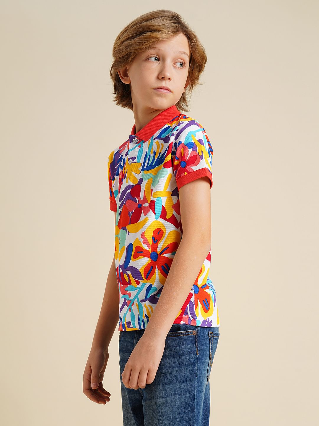 Boys Red Printed Cotton Polo
