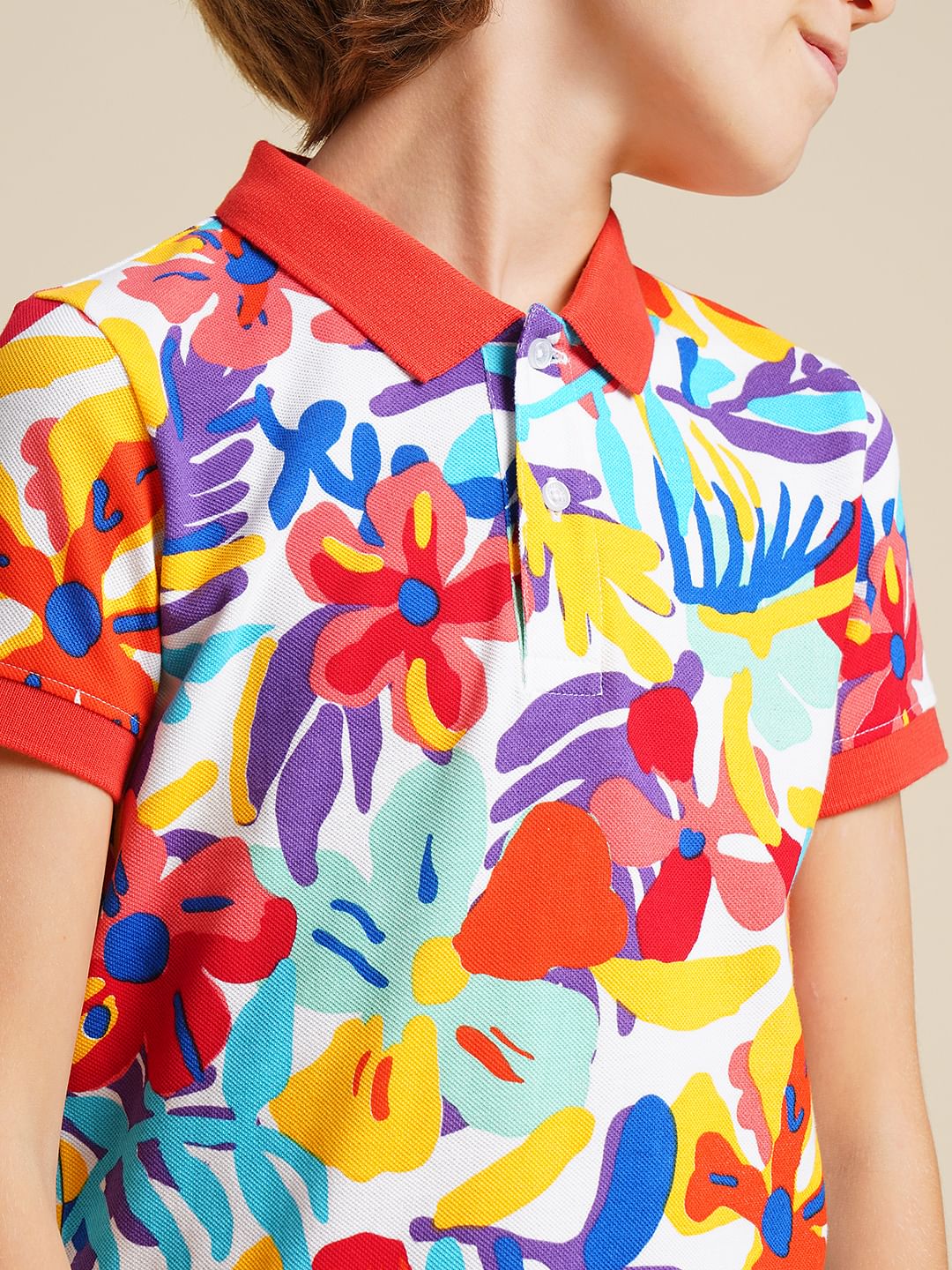 Boys Red Printed Cotton Polo