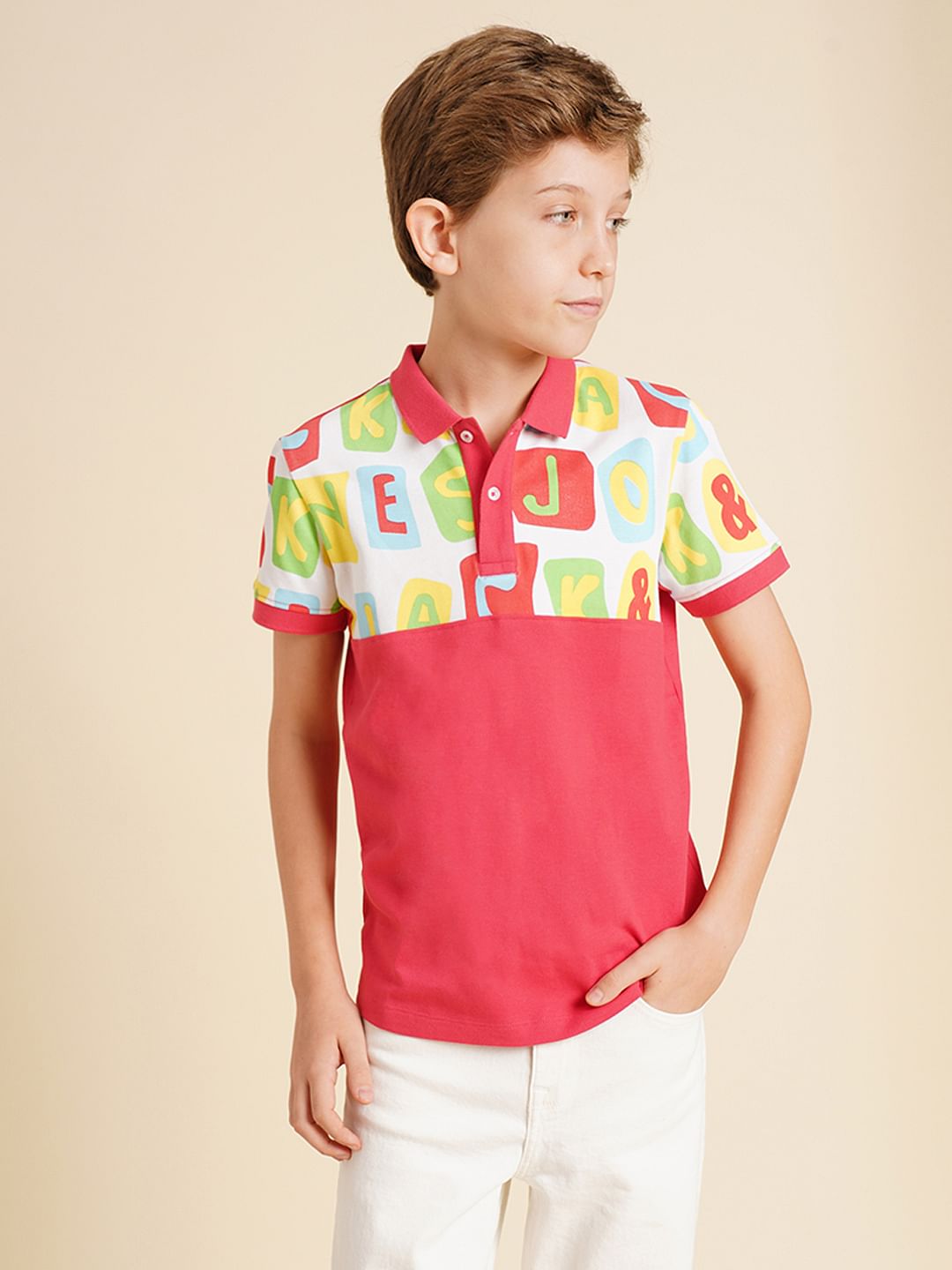Boys Red Colourblocked Cotton Polo
