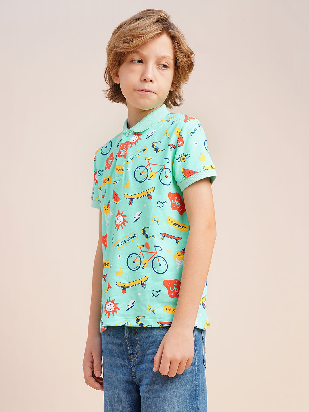 Boys Sea Blue Printed Cotton Polo