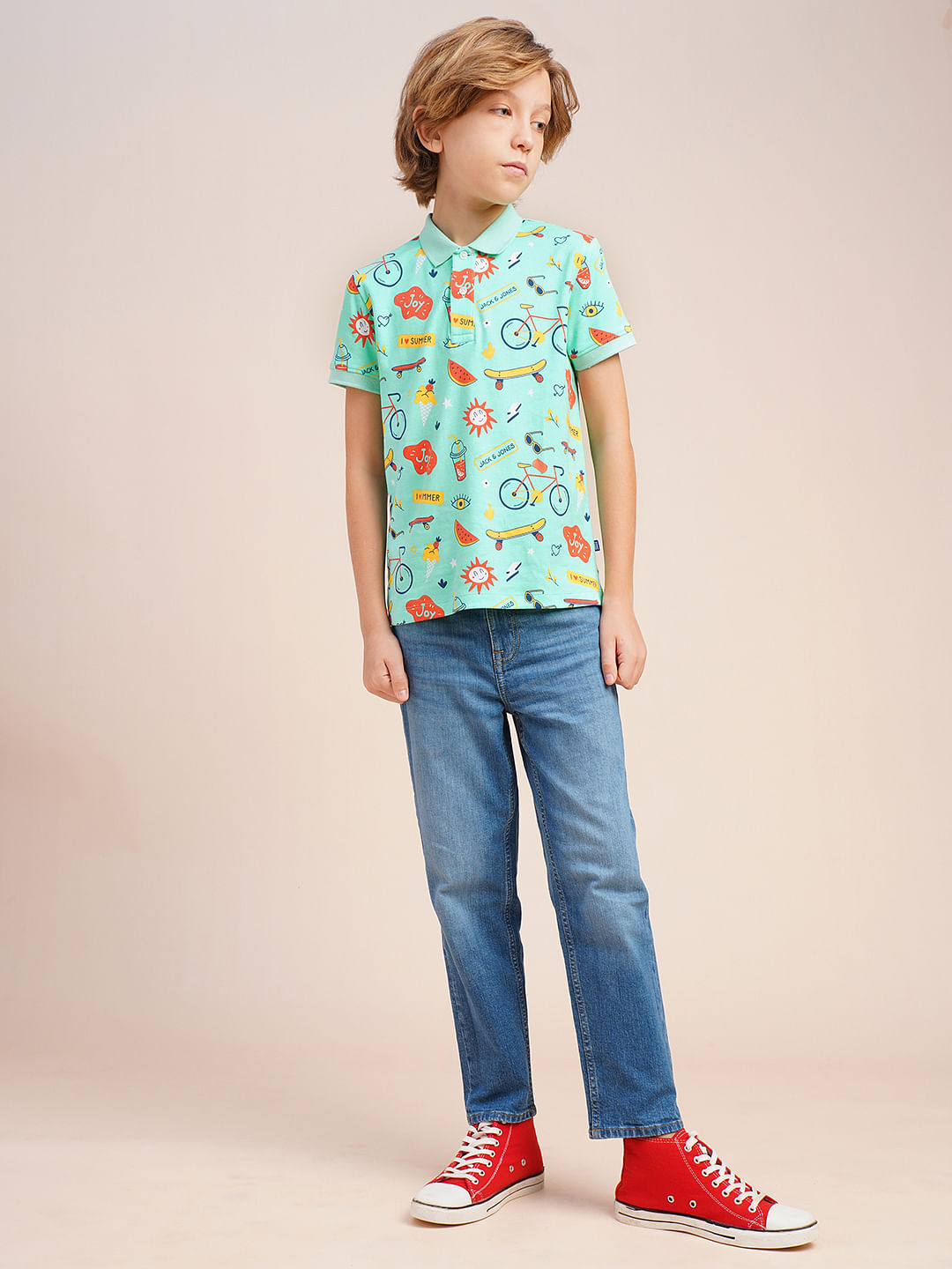 Boys Sea Blue Printed Cotton Polo