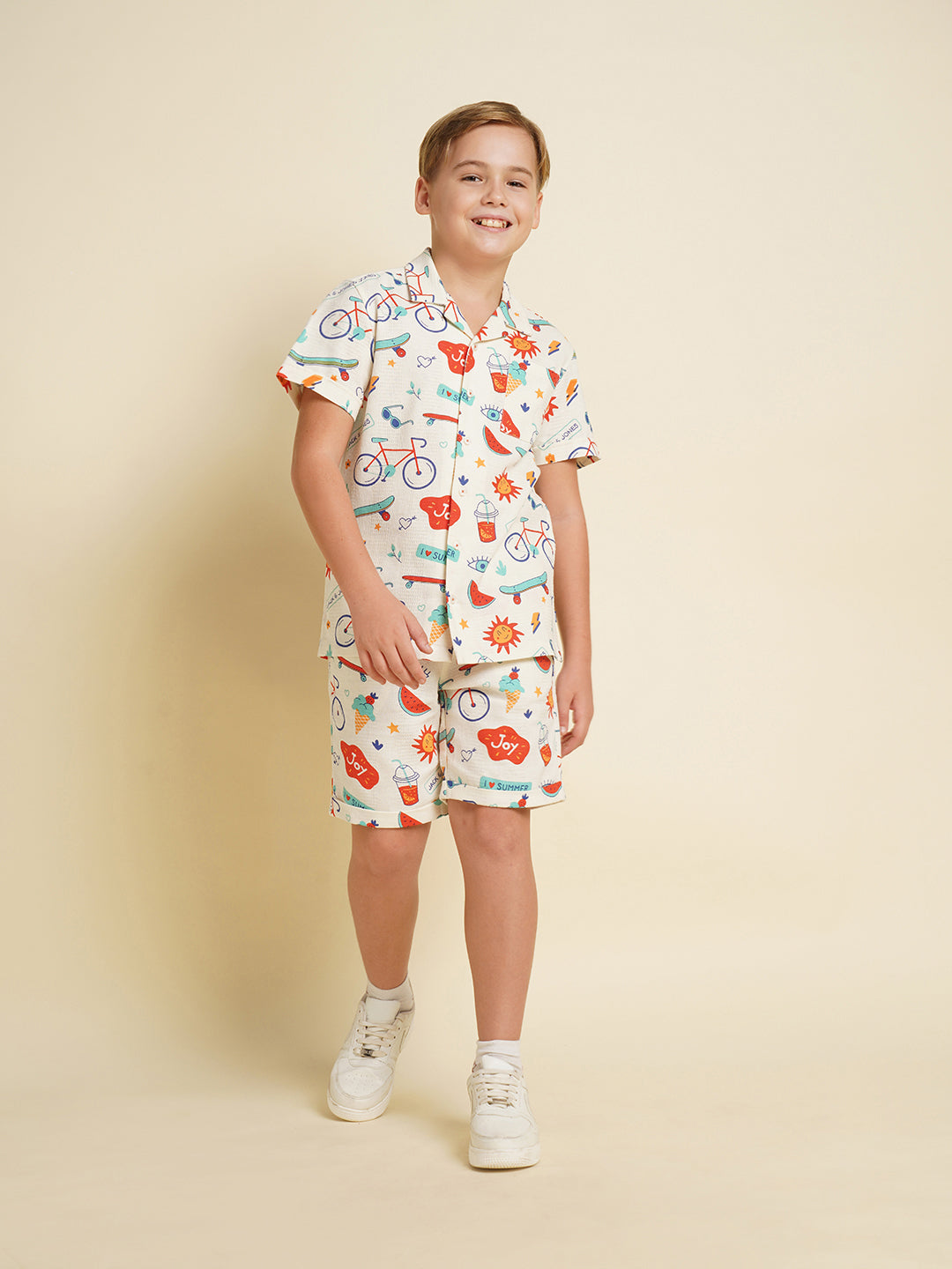 Boys Cotton Printed Resort Collar Shirt In White