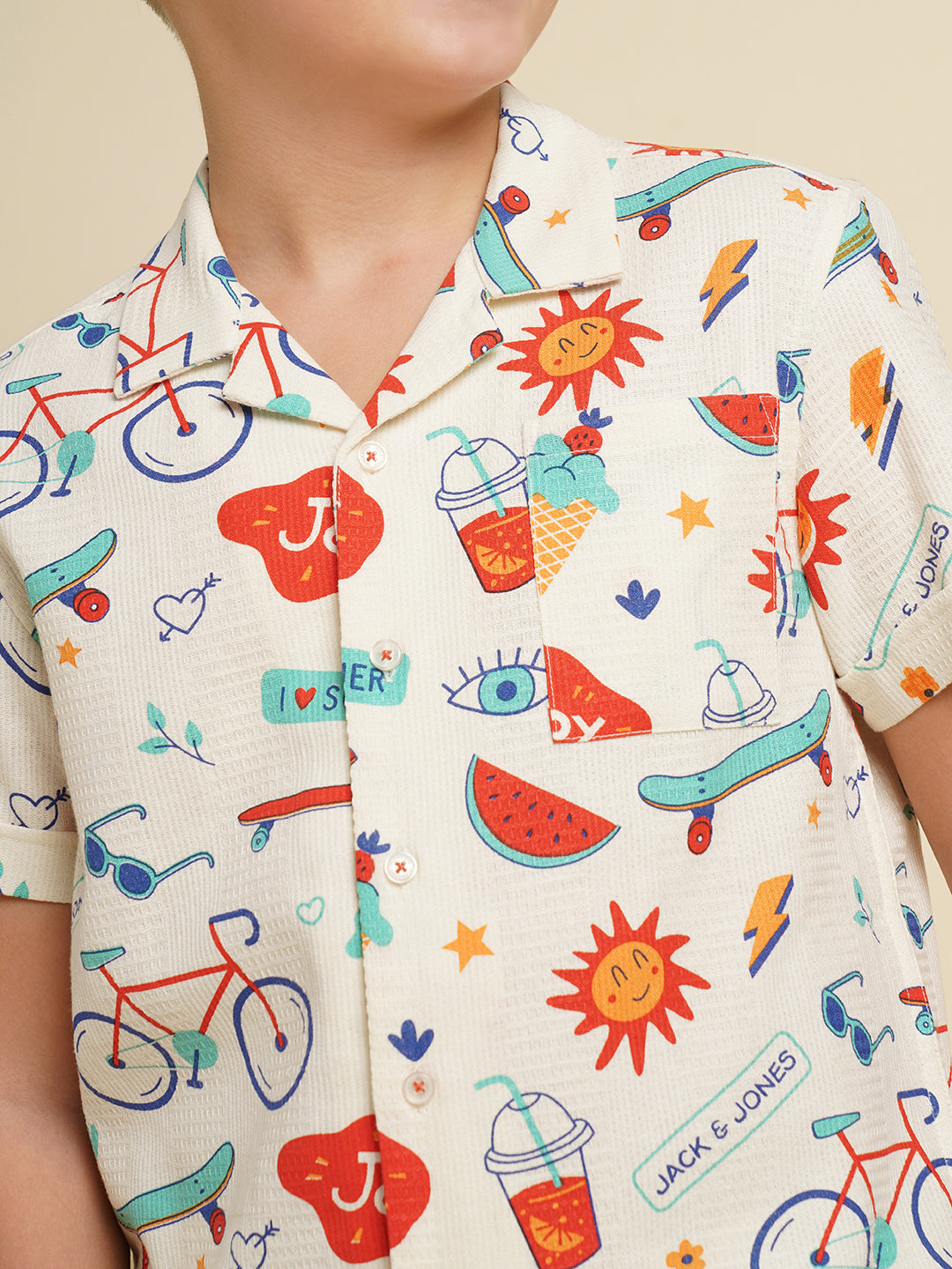 Boys Cotton Printed Resort Collar Shirt In White