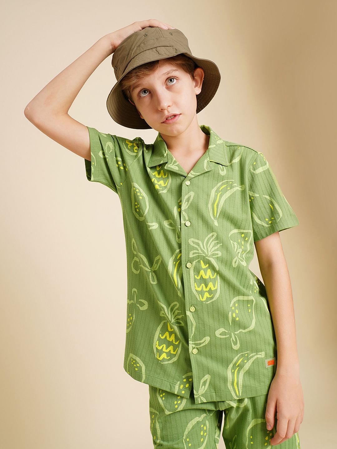Boys Green Printed Dobby Knit Shirt
